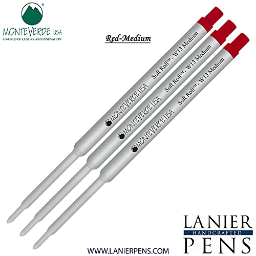 Monteverde Soft Roll Ballpoint Ink Refills 3-Pack - Red Medium Tip 0.7mm - Compatible with Waterman Style Pens - Perfect for Office, School & Everyday Writing