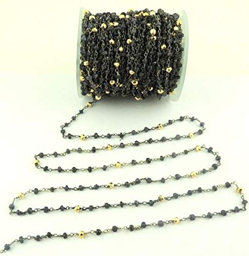 LKBEADS 10ft Iolite & Gold Pyrite Black Wire Wrapped Beaded Chain - Handmade Jewelry Making Supplies for Necklaces, Bracelets & DIY Crafts - HIGH-14487