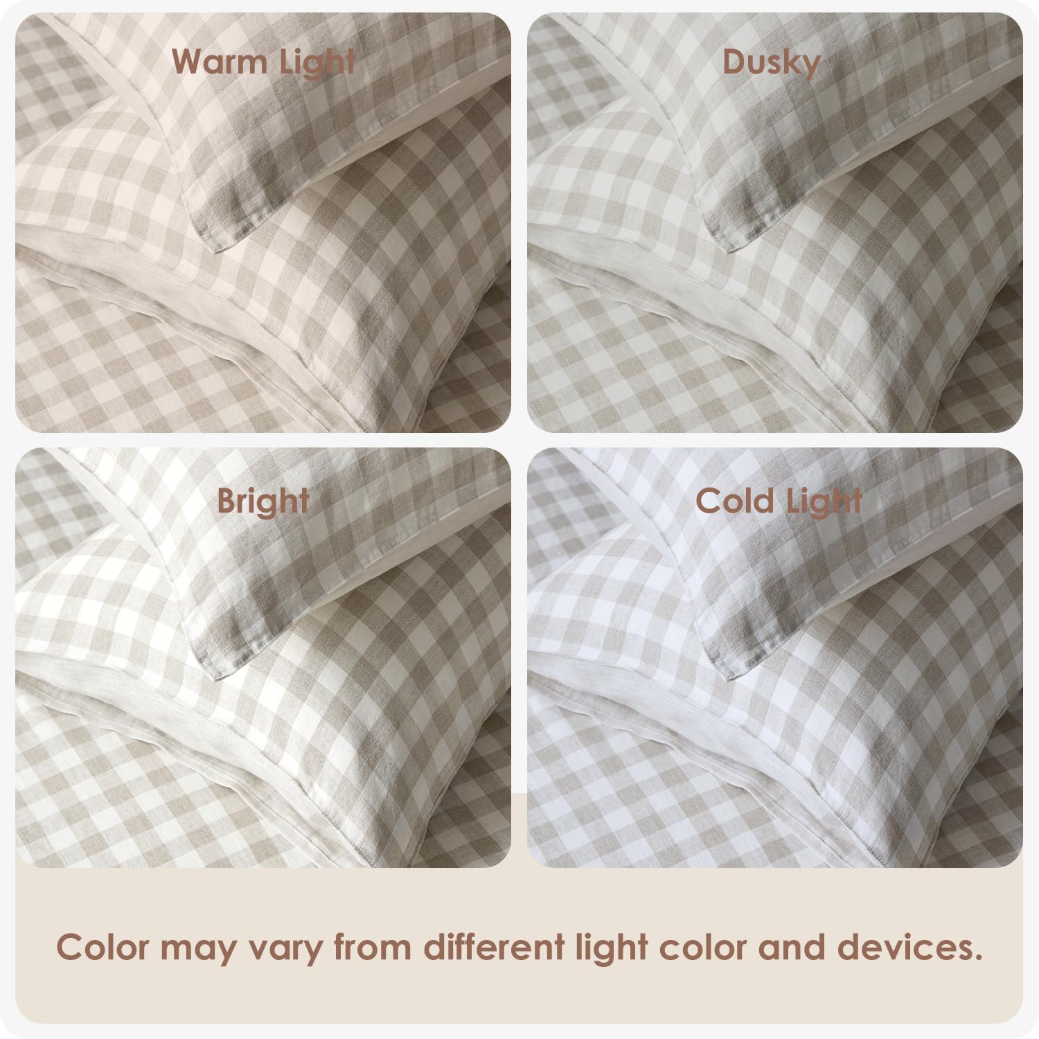 DAPU 100% Washed Linen Sheet Set Full Size - 4 Piece Hypoallergenic Soft Bedding with Envelope Closure, Gingham Check Plaid Geometric Pattern in Beige & White | Breathable & Comfortable for All Seasons, Perfect for Master Bedroom, Guest Room & Vacation Homes