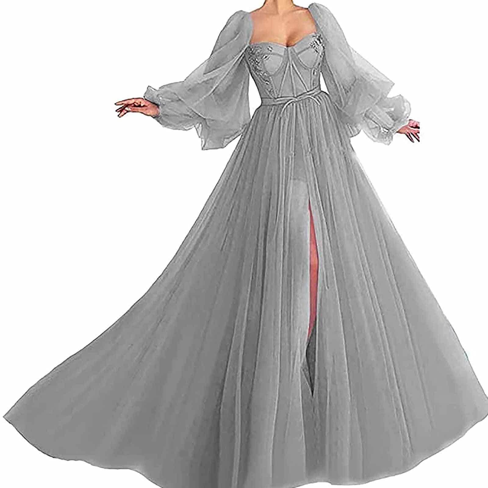 BBOOY Women's Elegant Long Ball Gown with Puffy Sleeves & High Slit - Light Gray Plus Size Prom Dress (US18W) | Perfect for Weddings, Bridesmaids & Formal Evening Events