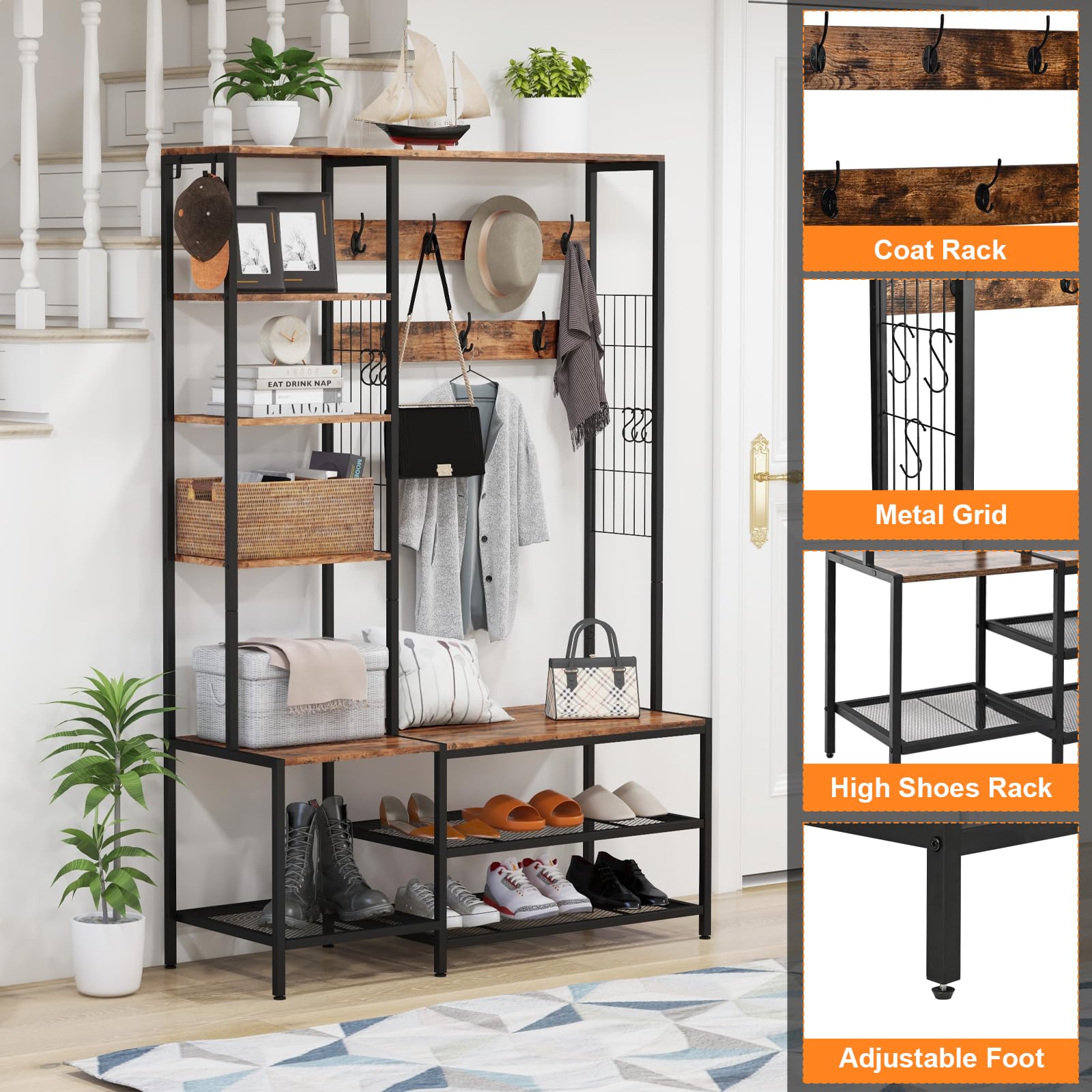 Hall Tree with Bench and Shoe Storage - Freestanding Entryway Coat Rack with 5-Tier Shelves - Brown Mudroom Furniture for Hallway, Foyer & Home Organization | Perfect for Shoes, Coats, Bags & Outdoor Gear Storage