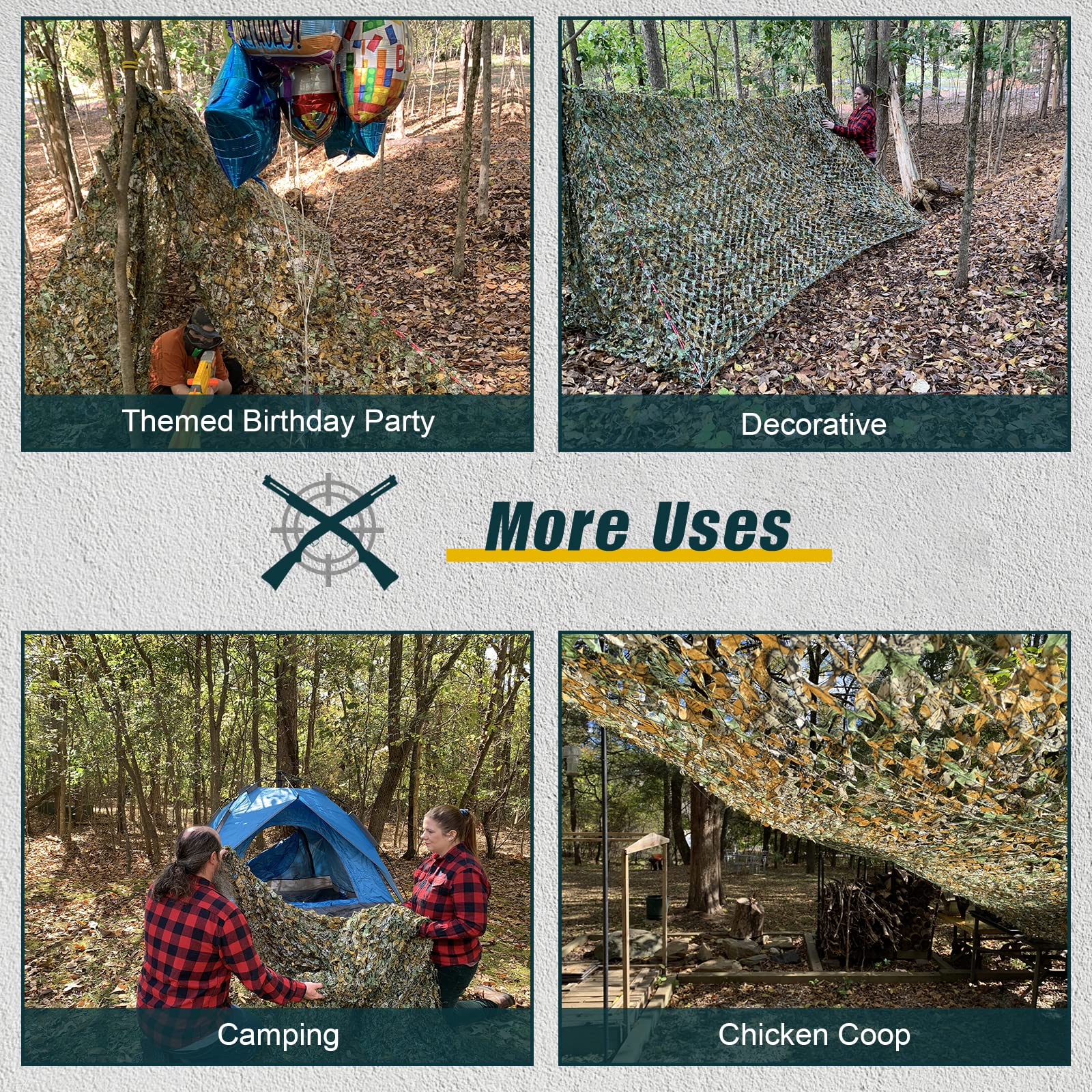 iunio Camouflage Netting - Military Grade Silent Camo Net, Large Bulk Roll Mesh for Hunting Blind Cover, Backdrop, Camo Themed Party, Sun Shade & Outdoor Camping | Durable Mesh Backing for Concealment & Protection