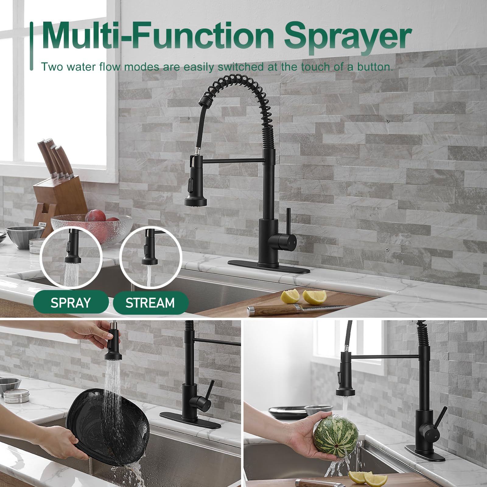 VOTON Modern Black High Arc Pull Down Kitchen Faucet with Dual Function Sprayer - Farmhouse Sink Faucet for Bar, RV, Kitchen & Laundry | Perfect for Cooking, Washing Dishes & Utility Tasks