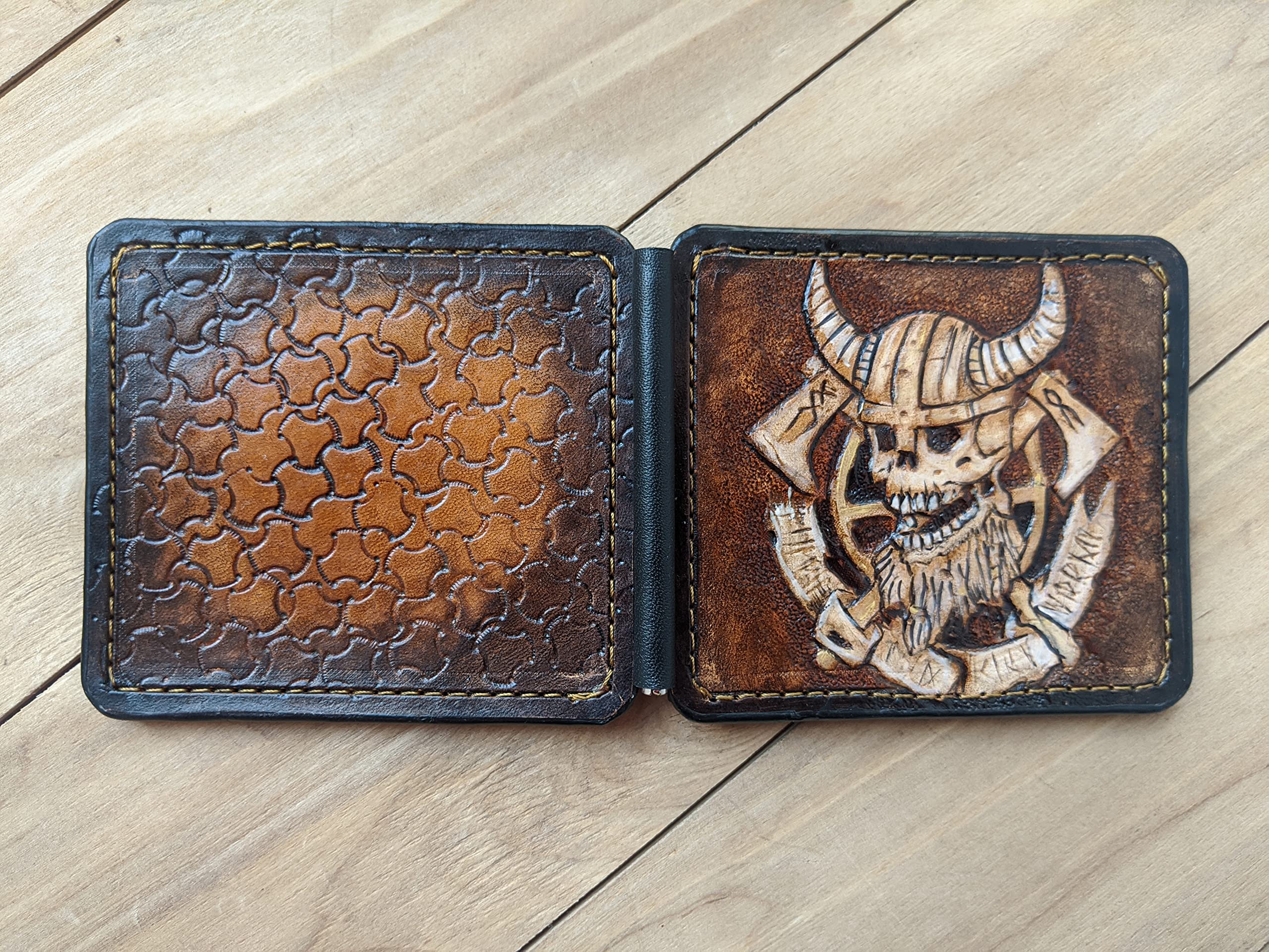 Viking Warrior 3D Genuine Leather Wallet for Men - Handmade Carved Money Clip with Norse Axes, Odin, Runes & Crow Design - Custom Personalized Airbrush Art Tooled Skeleton Skull Wallet - Perfect for Viking Lovers, Collectors & Unique Gift Ideas