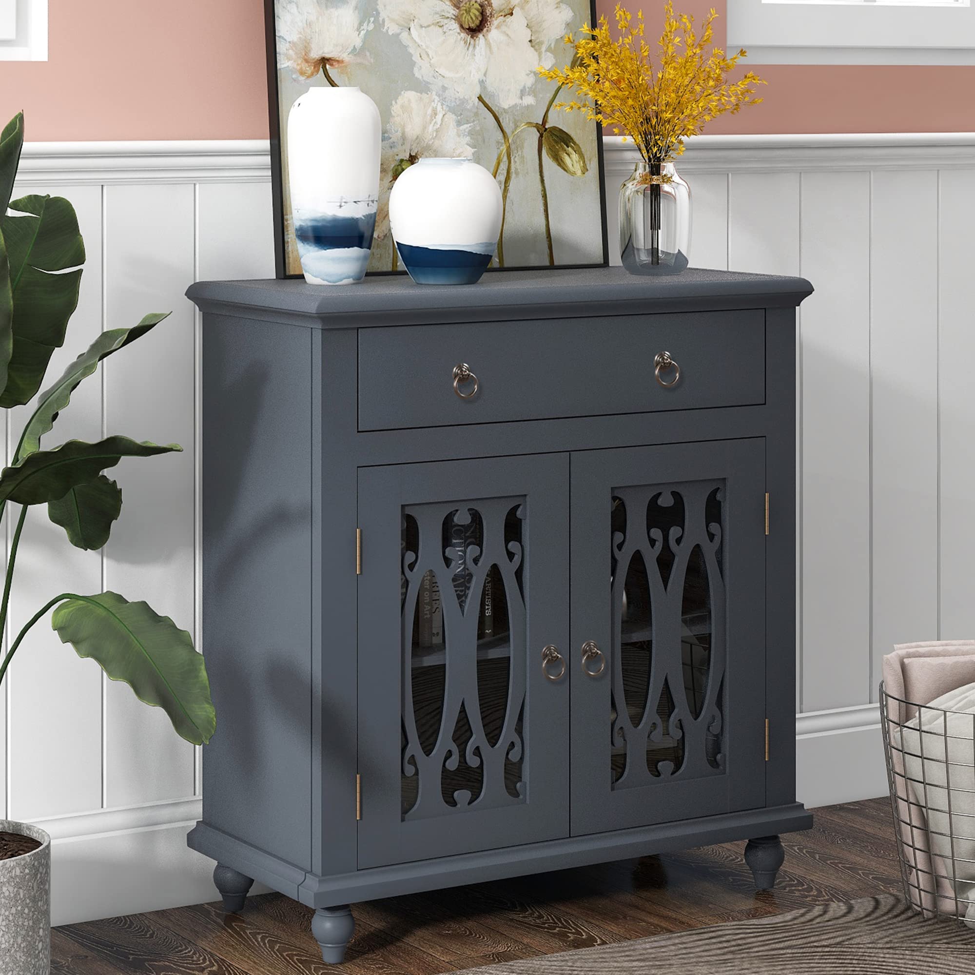 Vintage Blue Wooden Storage Cabinet with Doors & Drawer - Adjustable Shelf for Home, Kitchen, Entryway & Living Room - Perfect for Organizing Dishes, Linens & Household Items