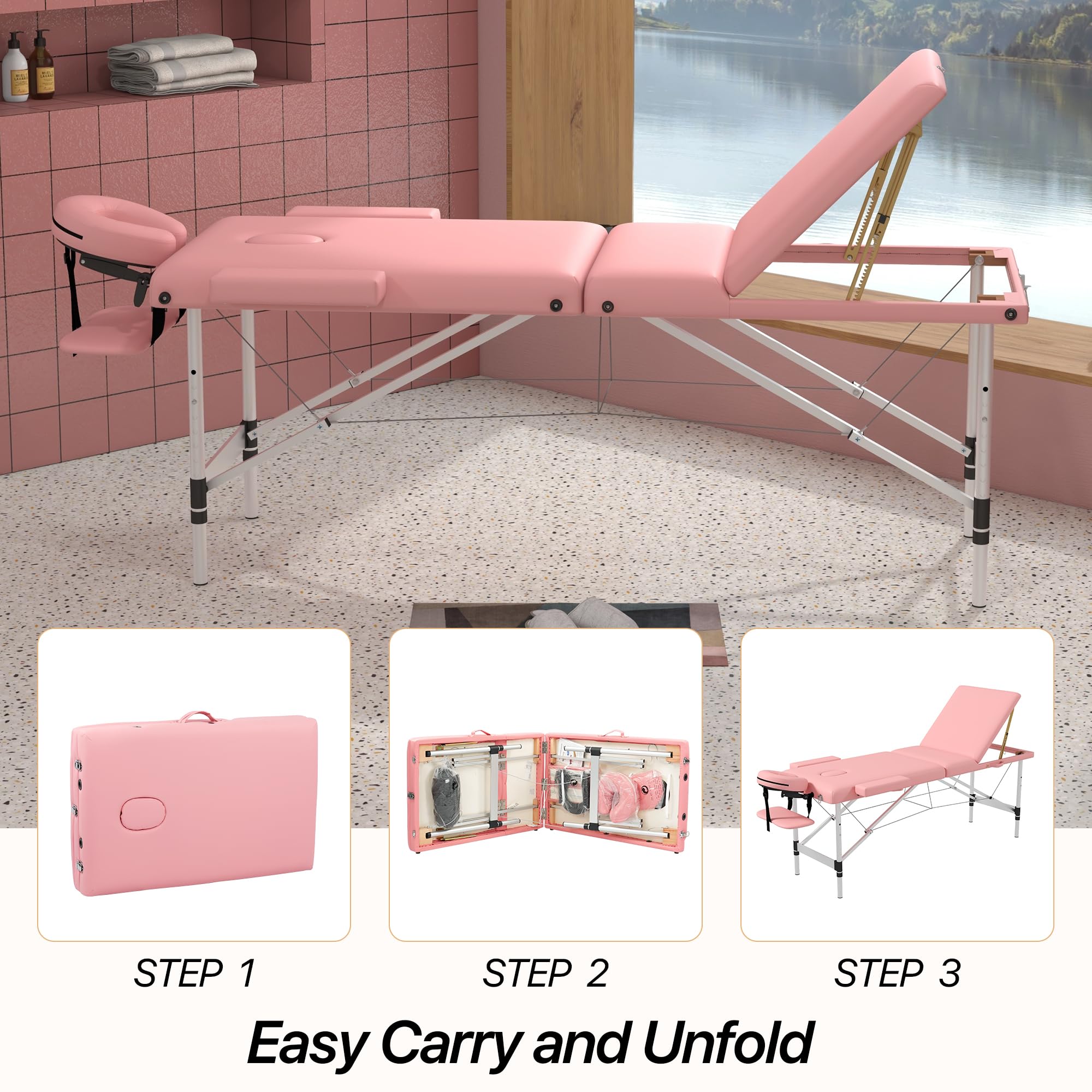Portable 3-Section Foldable Massage Table - Adjustable Height Tattoo & Lash Spa Bed with Face Cradle - Lightweight Aluminum Frame Facial Salon Bed for Home Use (Light Pink) | Perfect for Professional Massage Therapists, Tattoo Artists & Home Spa Treatments