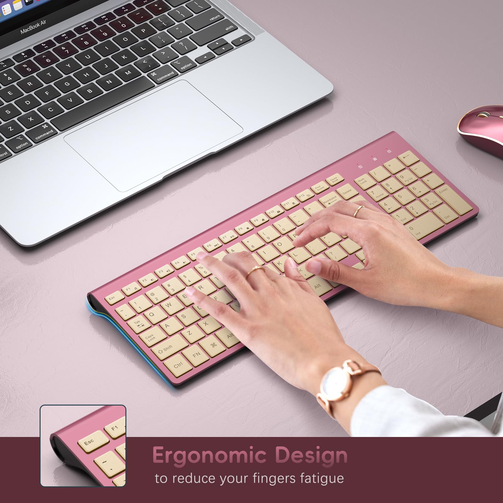 JOYACCESS 2.4G Wireless Keyboard and Mouse Combo - Slim Ergonomic Full-Size Portable Design for Laptop PC Windows Mac - Wine Red & Gold - Perfect for Home Office Gaming and Remote Work