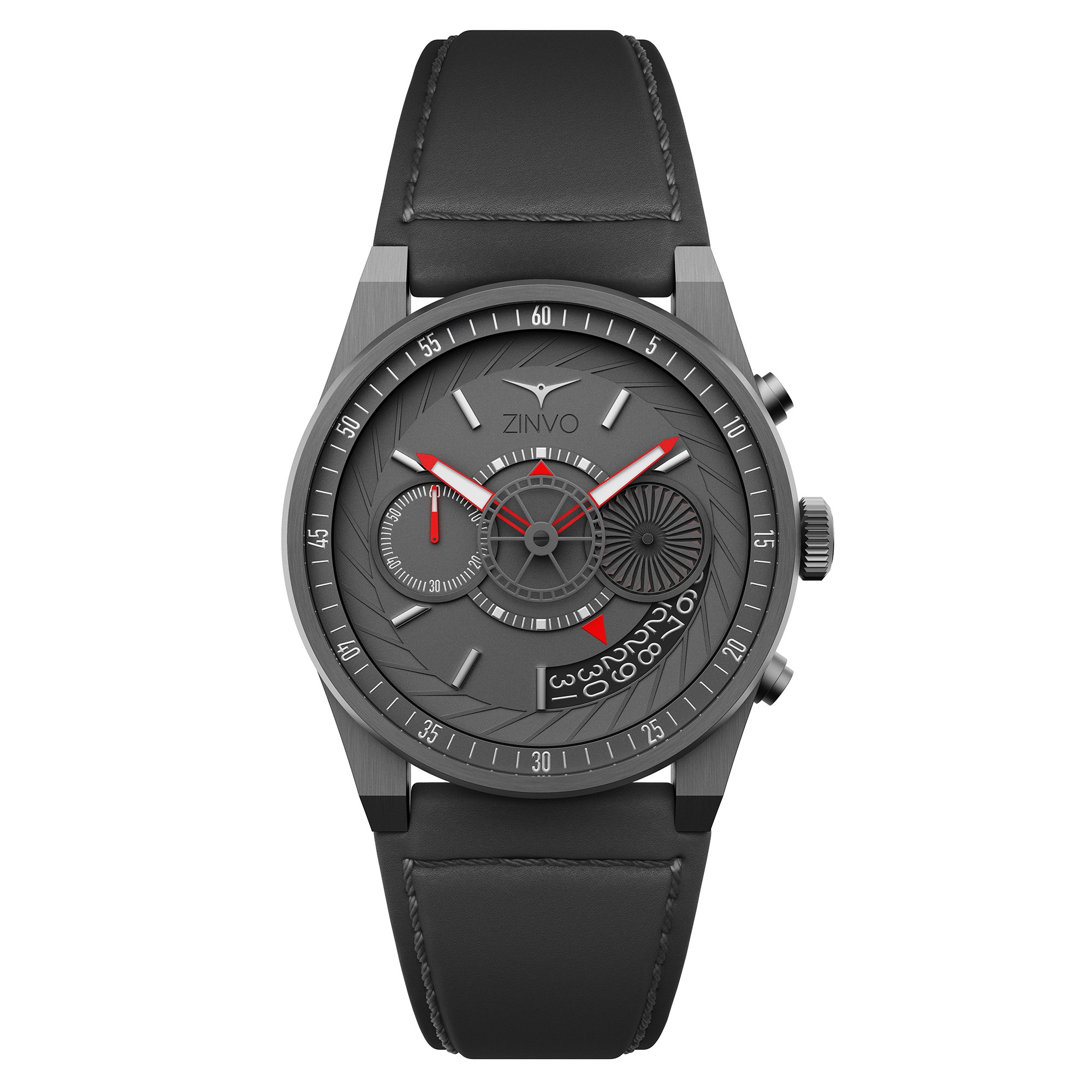 ZINVO Chrono Gunmetal Men's Watch - Automatic Movement, Grey Leather Strap & Stainless Steel Case - Perfect for Business, Casual & Formal Occasions