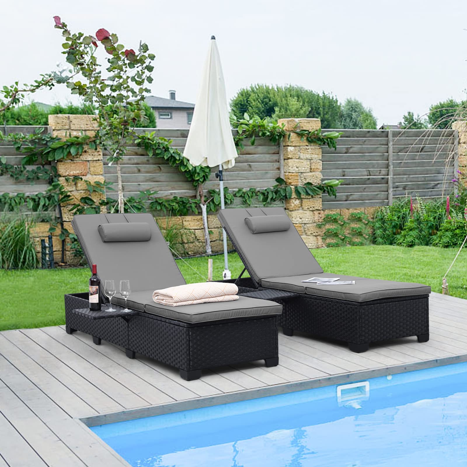**Outdoor PE Wicker Chaise Lounge Set - 2-Piece Patio Furniture with Adjustable Backrest & Gray Cushions for Pool, Beach, or Garden Relaxation**    *(Perfect for Sunbathing, Lounging by the Pool, or Enjoying Your Backyard Oasis)*
