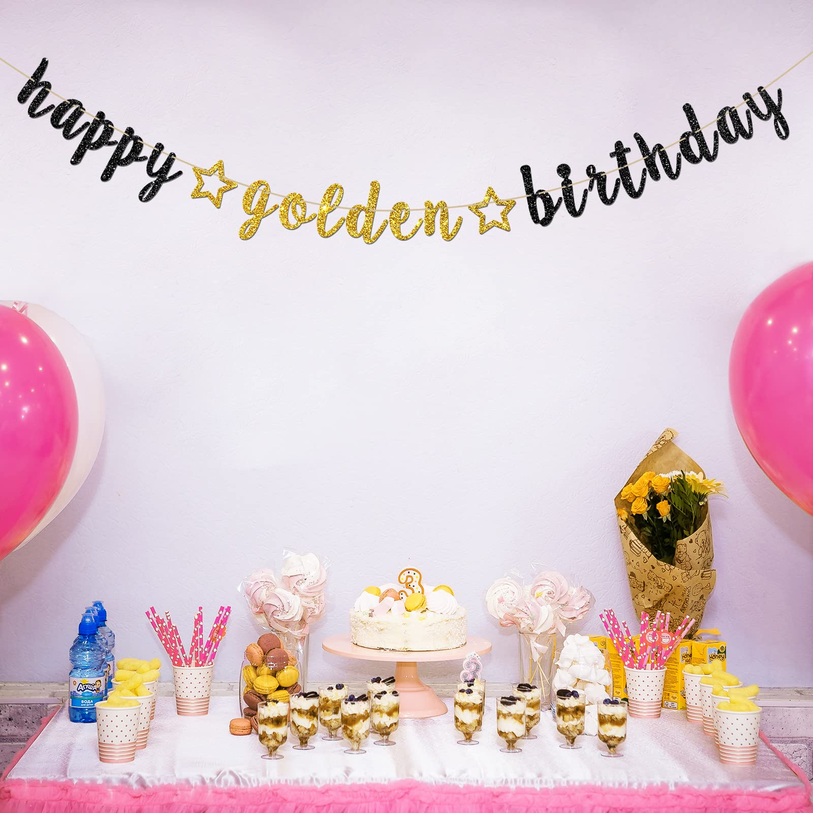 INNORU Happy Golden Birthday Banner - Black Gold Glitter Party Decorations for Kids & Adults | Birthday Party Supplies, Bunting Decor | Perfect for Birthday Celebrations, Baby Showers & Anniversary Parties