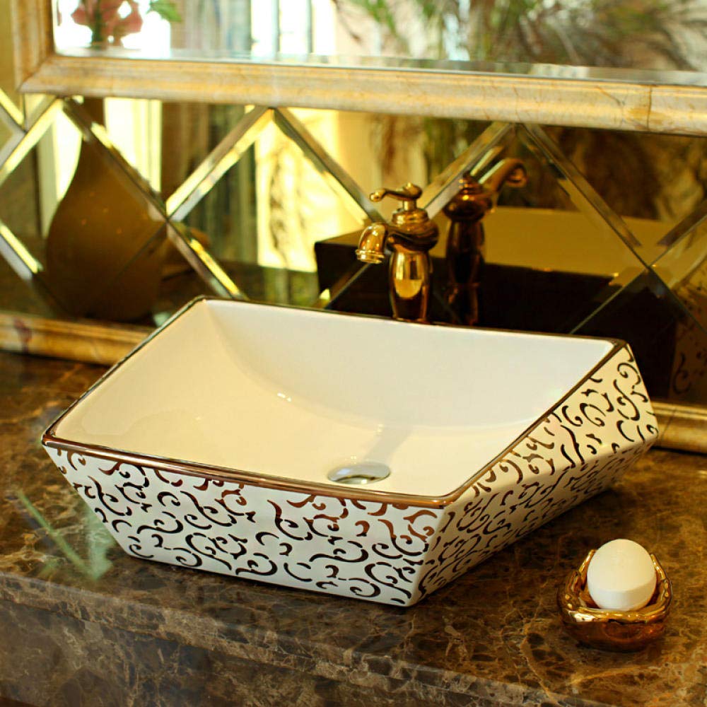 ROLTIN Gold/Silver Inlaid Glass Ceramic Countertop Basin - Modern Bathroom Vanity Sink for Powder Rooms, Guest Baths & Master Suites