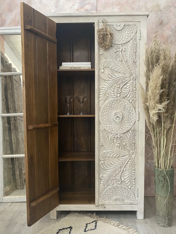 Hand Carved Wooden Armoire - White Indian Wardrobe for Bedroom & Living Room Storage | Traditional Handcrafted Wood Closet Organizer