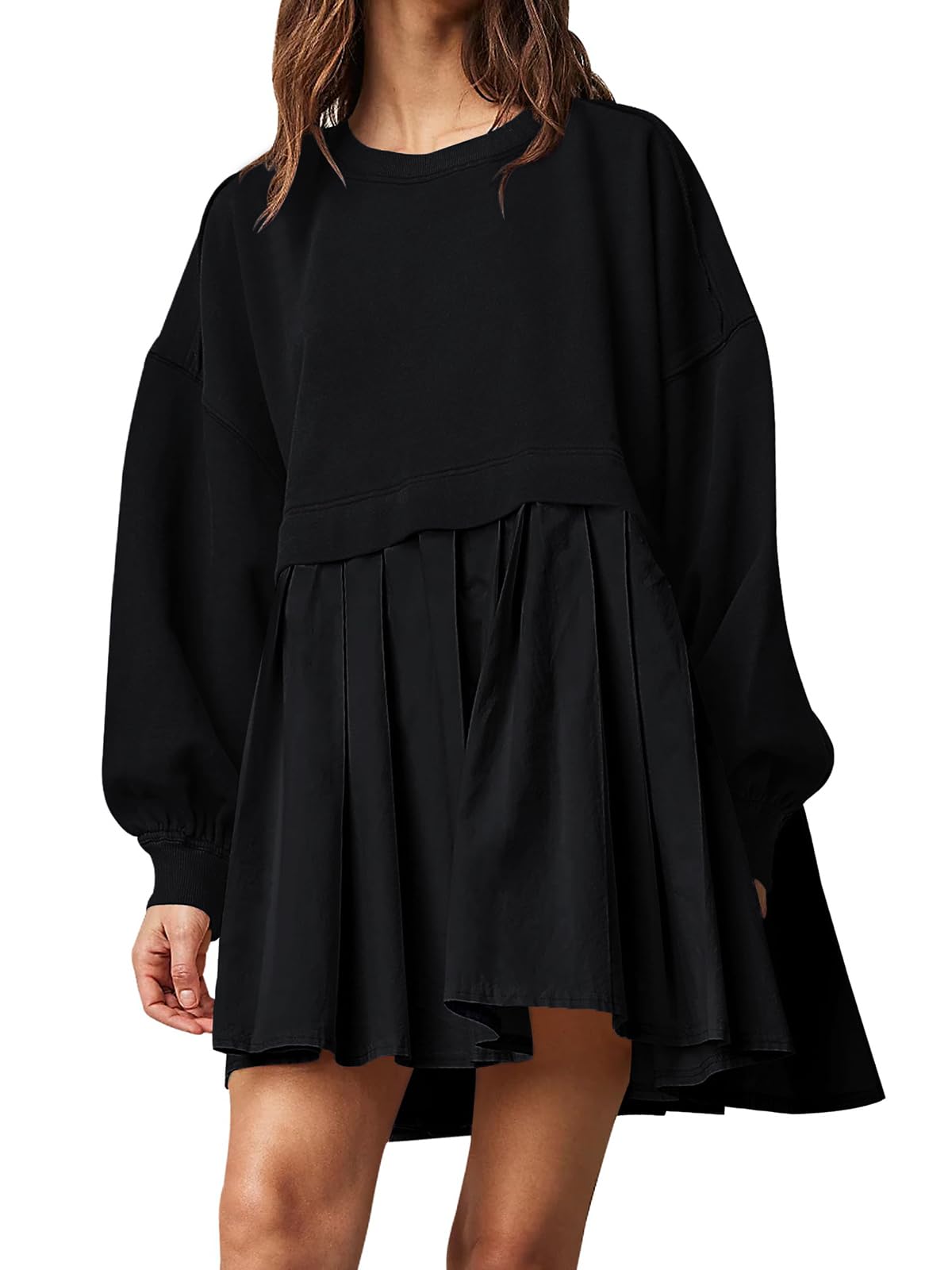 Women's Oversized Patchwork Sweatshirt Dress - Crew Neck Long Sleeve Flowy Pullover Mini Dress | Casual Loungewear, Streetwear Fashion & Cozy Fall Outfit