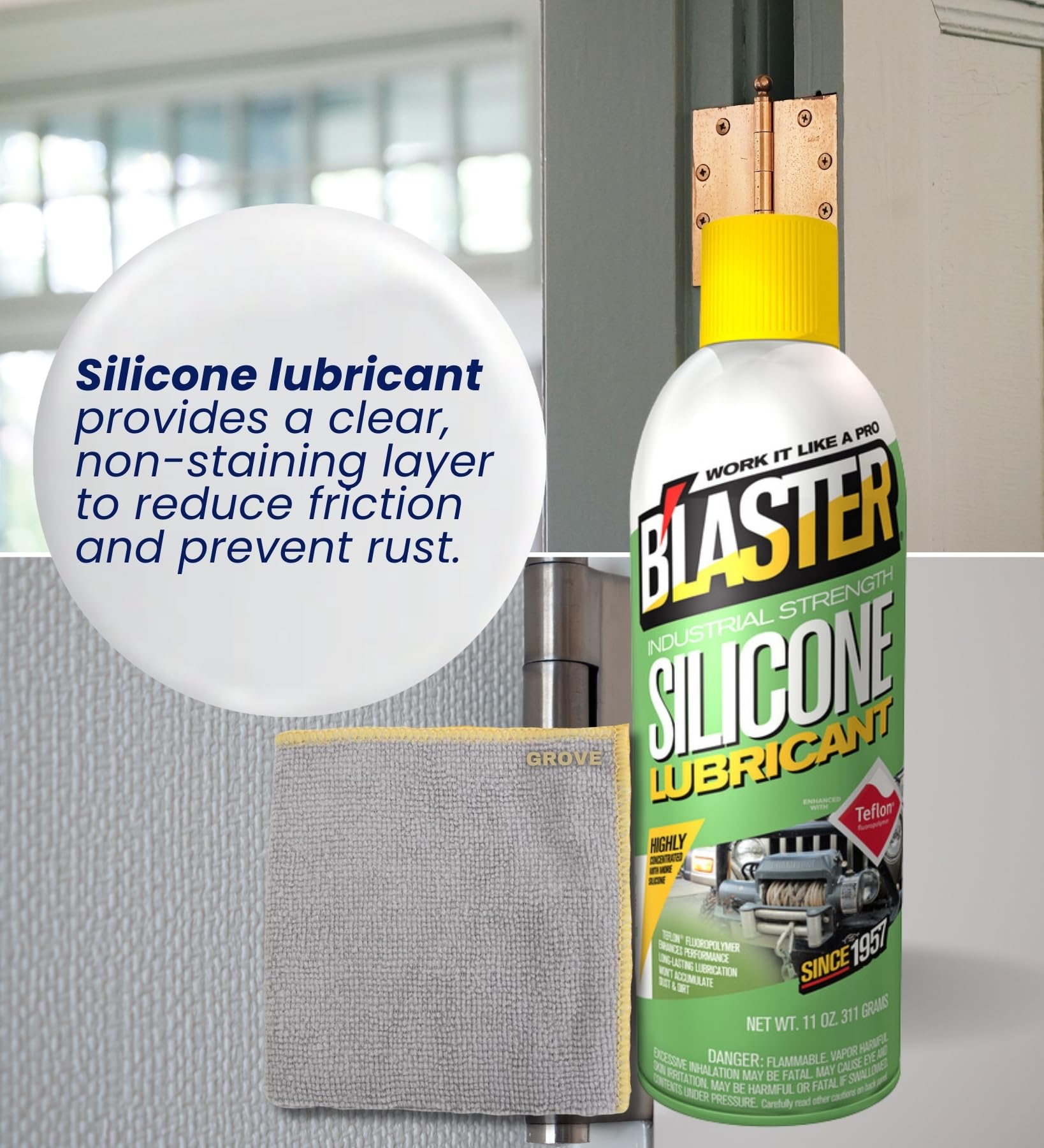 Blaster 11 oz Silicone Lubricant Spray with Microfiber Cloth - Long-Lasting Lubrication for Metal Parts, Cables, Chains, Window Tracks & Rubber Seals - 2-Pack Bundle - Perfect for Automotive Maintenance, Home Repair & Industrial Equipment Care