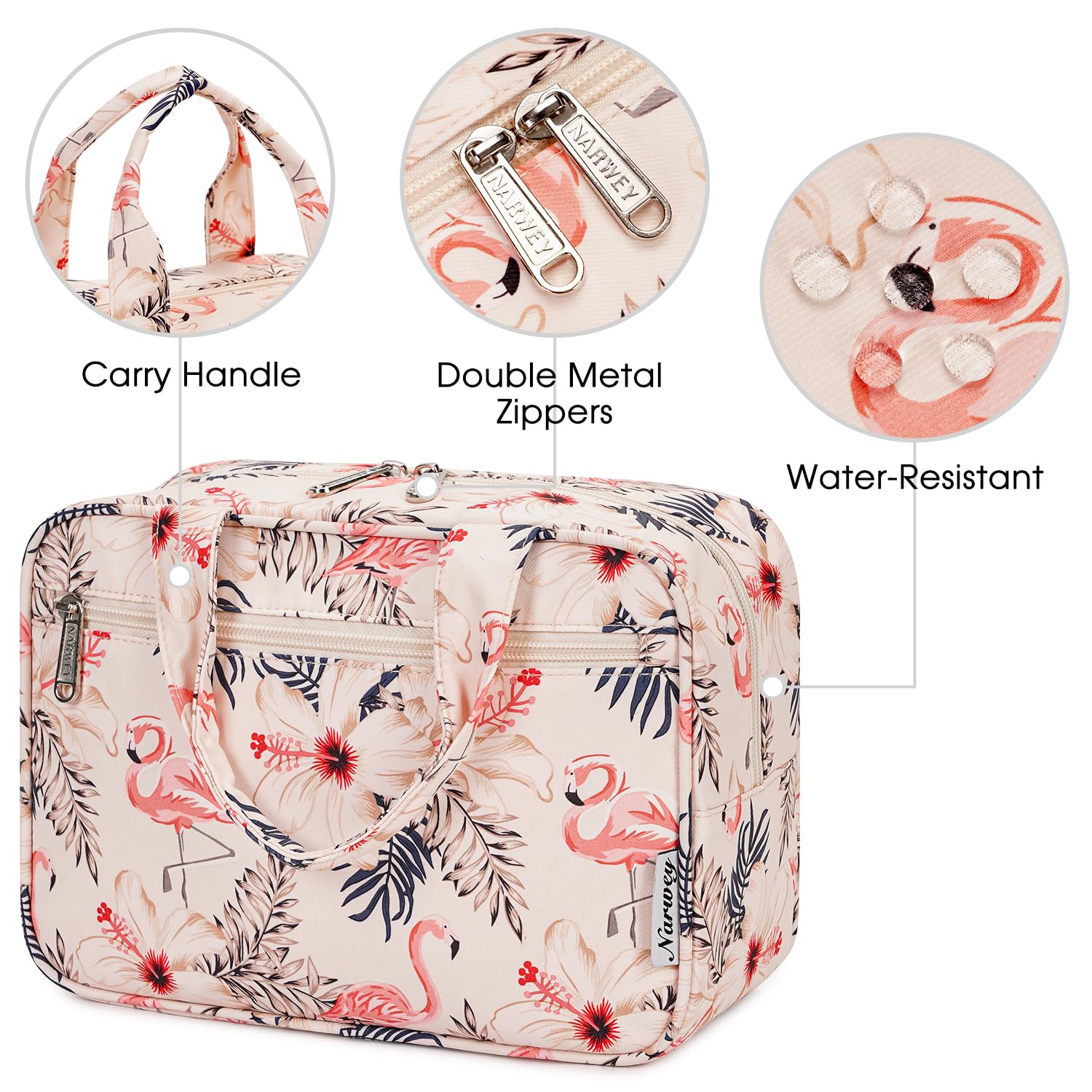 Narwey Large Makeup Travel Bag - Women's Toiletry Organizer for Essentials (Beige Bird) - Perfect for Vacation & Gym