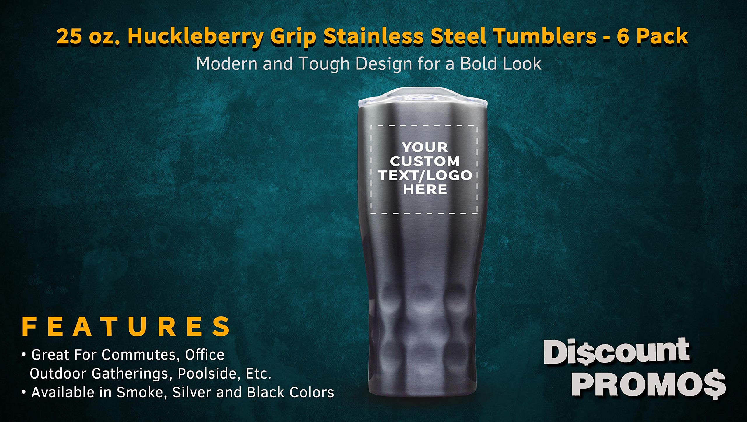 Personalized 25 oz Stainless Steel Tumblers with Huckleberry Grip - 6 Pack Custom Text & Logo - Smoke Finish - Ideal for Outdoor Adventures, Office Use & Gift Giving