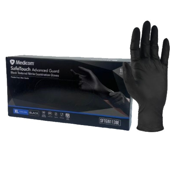 Medicom SafeTouch Nitrile Disposable Gloves - Black, Powder Free, Latex Free, 100 Count Box | Ideal for Medical, Food Service, Cleaning & Tattoo Use