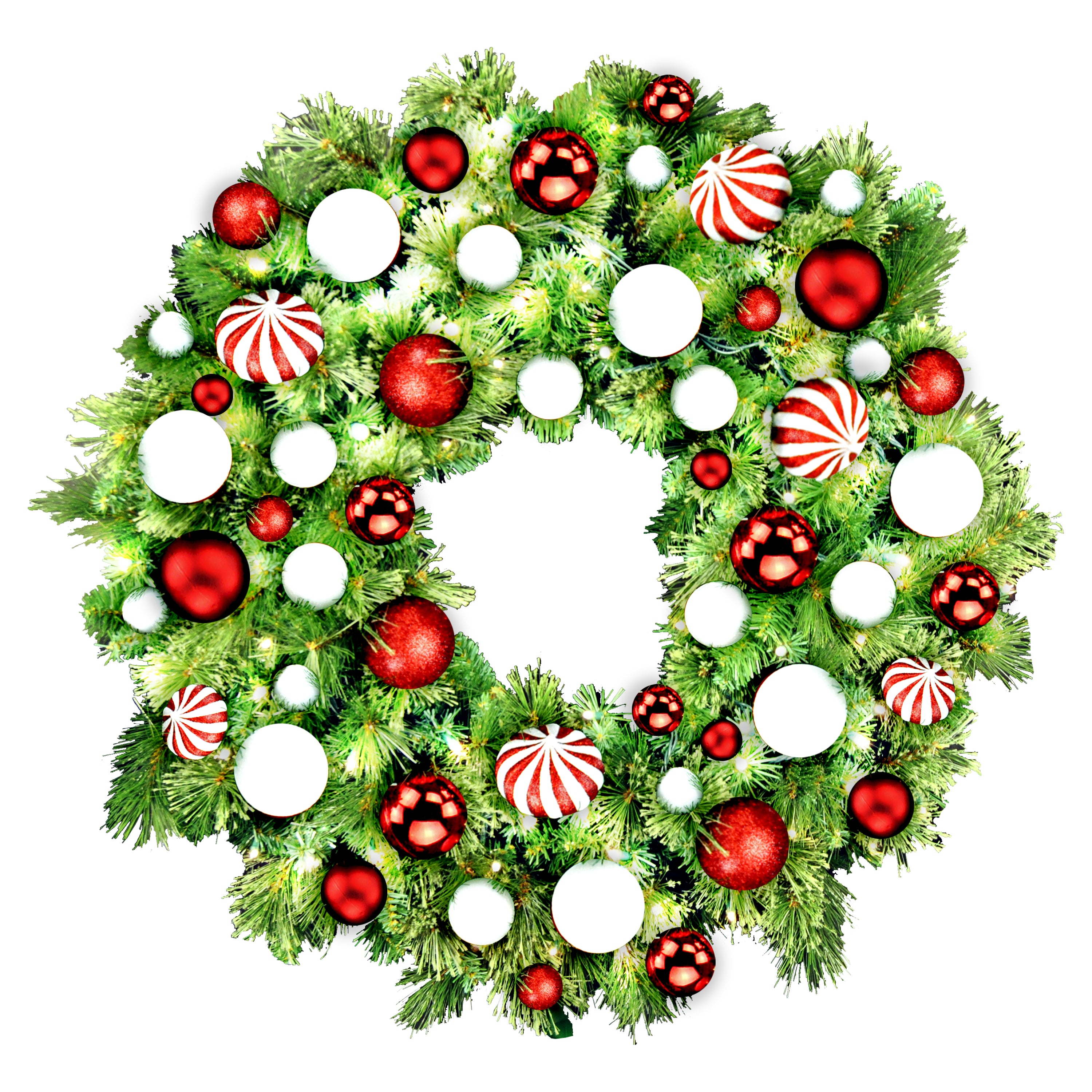 4' Sequoia Wreath with Candy Ornament Collection - Pre-Lit Warm White LED Christmas Wreath for Front Door, Holiday Mantel & Festive Home Decor