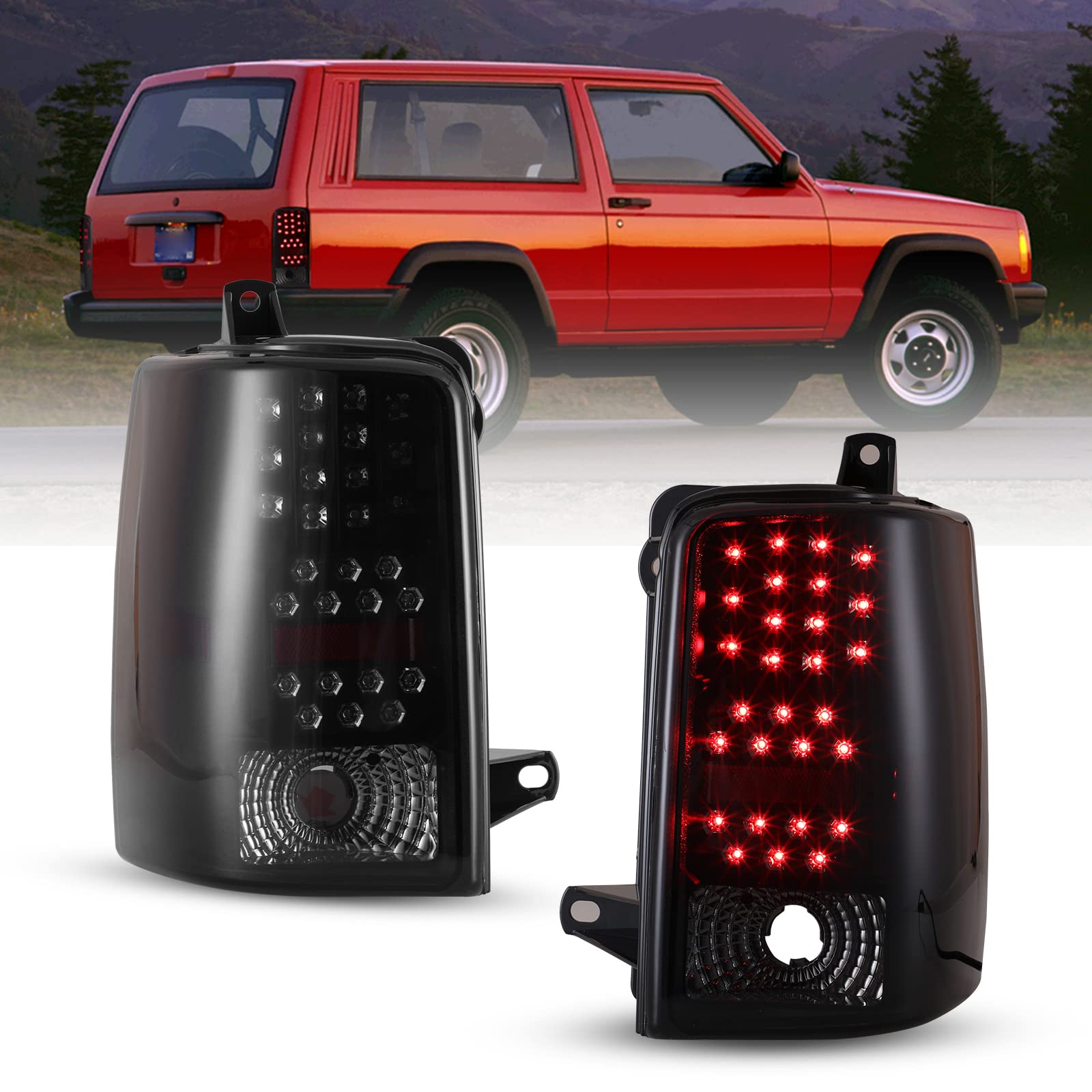 ROXX LED Tail Lights Assembly for 1997-1998 Jeep Grand Cherokee - Pair of Rear Lamps with LED Turn Signals, Brake Lights, Reverse Light & DRL - Driver & Passenger Side Replacement - Perfect for Off-Roading, Night Driving & Vehicle Customization