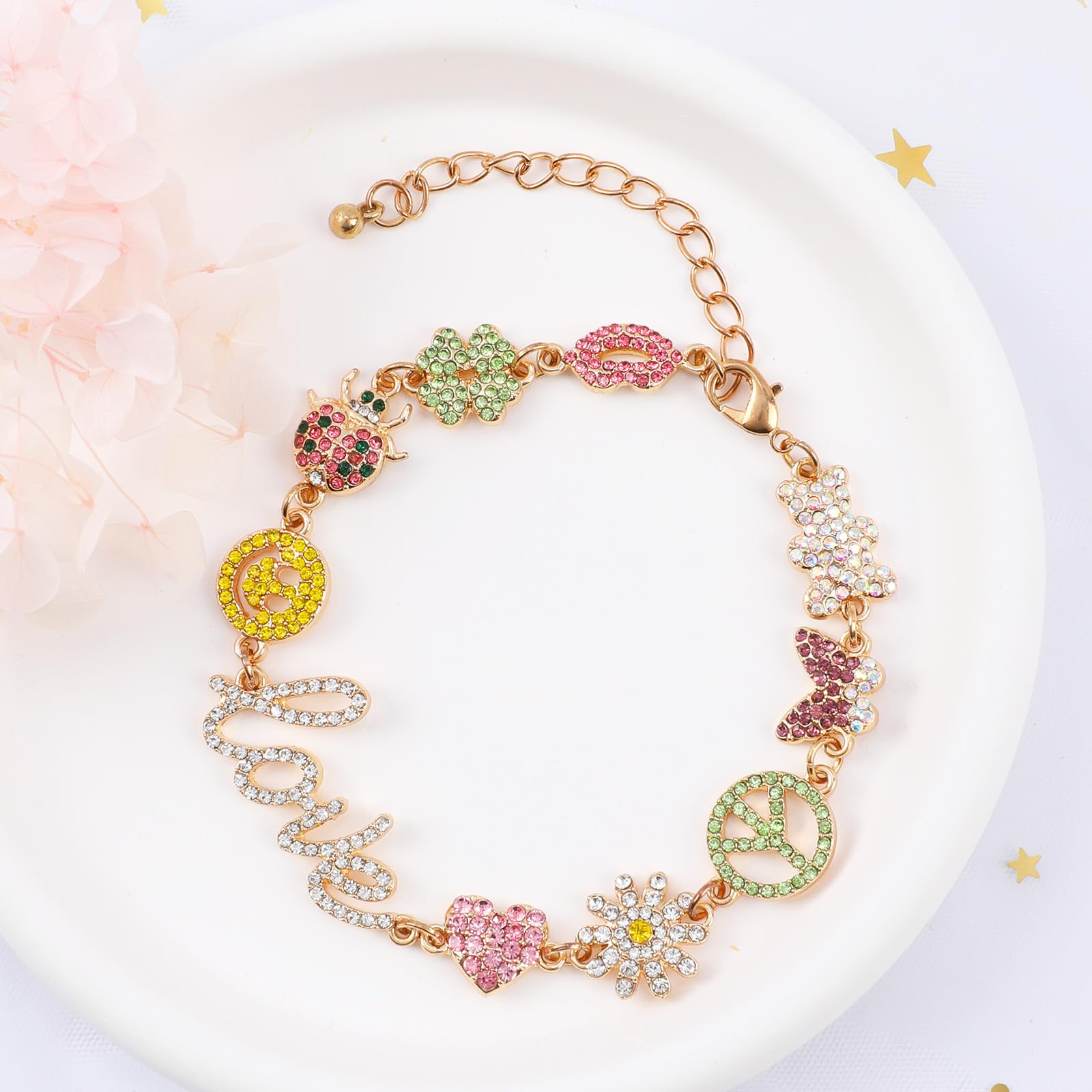 Cute Colorful Love Heart Charm Bracelets for Women - Adjustable Smiley Bear Butterfly Peace Sign Flower Beetle Red Lip Clover Animal Gold Link Hippie Statement Bracelets | Y2K Preppy Jewelry Gift for Women, Girls, Teens | Perfect for Parties, Gifts, Everyday Wear