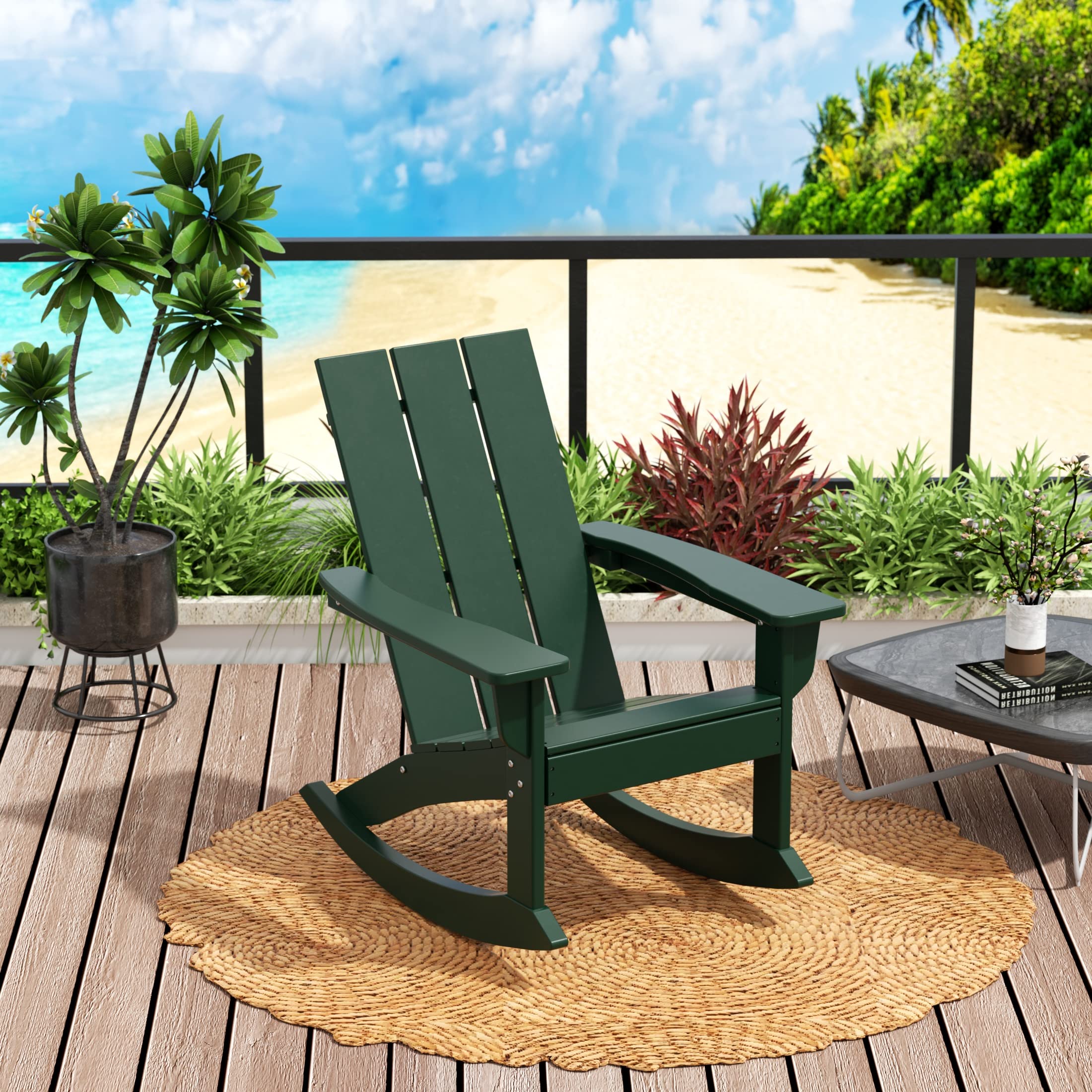 WO Home Furniture 4-Piece Patio Rocking Chair Set - Modern Outdoor HDPE UV-Resistant Rocking Chairs (Dark Green) for Backyard, Garden & Poolside Relaxation