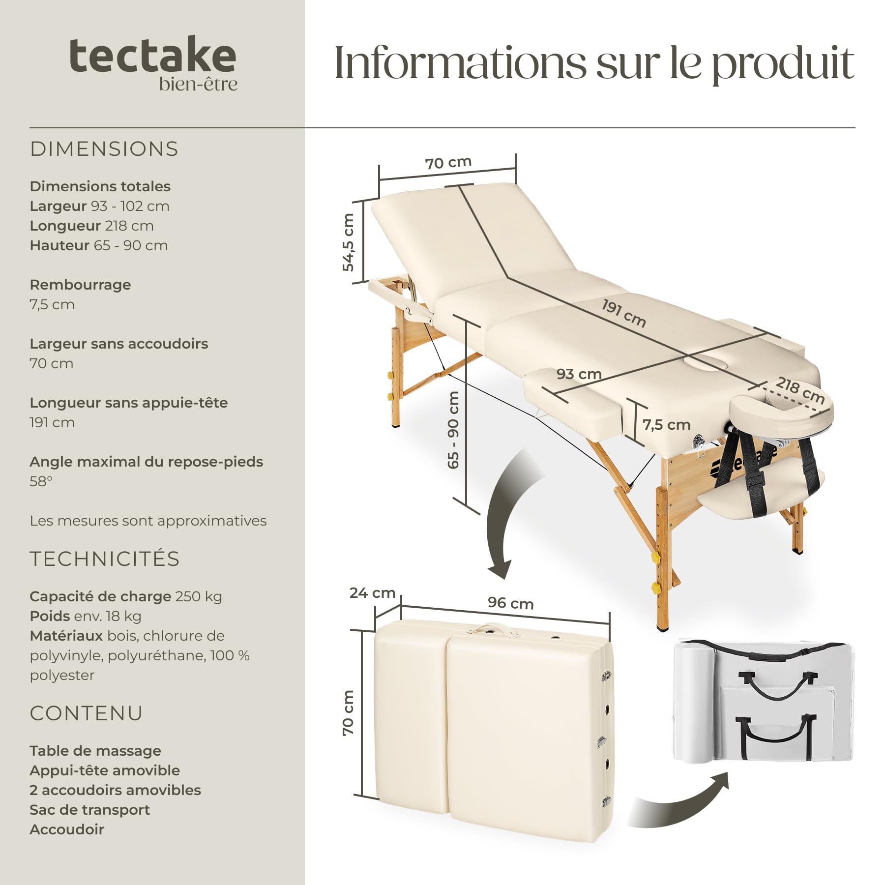 TecTake Foldable Massage Table with 7.5cm Padding, Professional Beauty Table with Ergonomic Armrest & Headrest, Includes Carrying Case - Beige | Perfect for Home Spa, Professional Massage Therapy & Salon Treatments