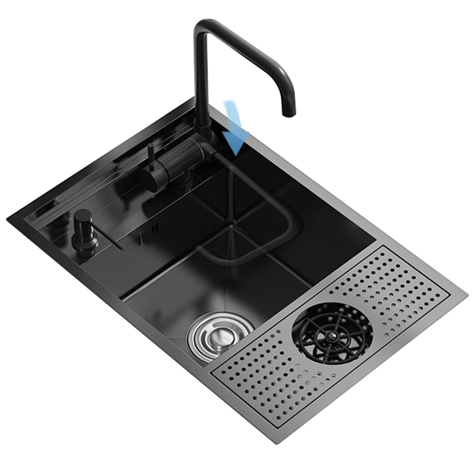 Handmade Hidden Sink Bar Counter - Single Bowl Stainless Steel Kitchen Sink with Arc Folding Faucet, Cup Washer & Soap Dispenser - Perfect for Small Kitchens, Bars & RV Camping