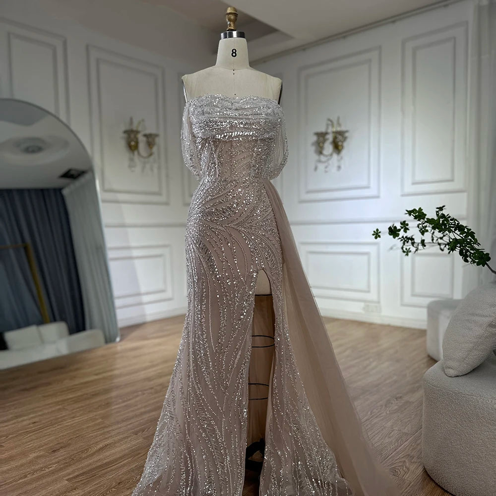 Elegant White Arabic Nude Beaded High Slit Mermaid Evening Gown for Women - Wedding, Party, Prom Dresses | Perfect for Formal Events, Red Carpet & Special Occasions