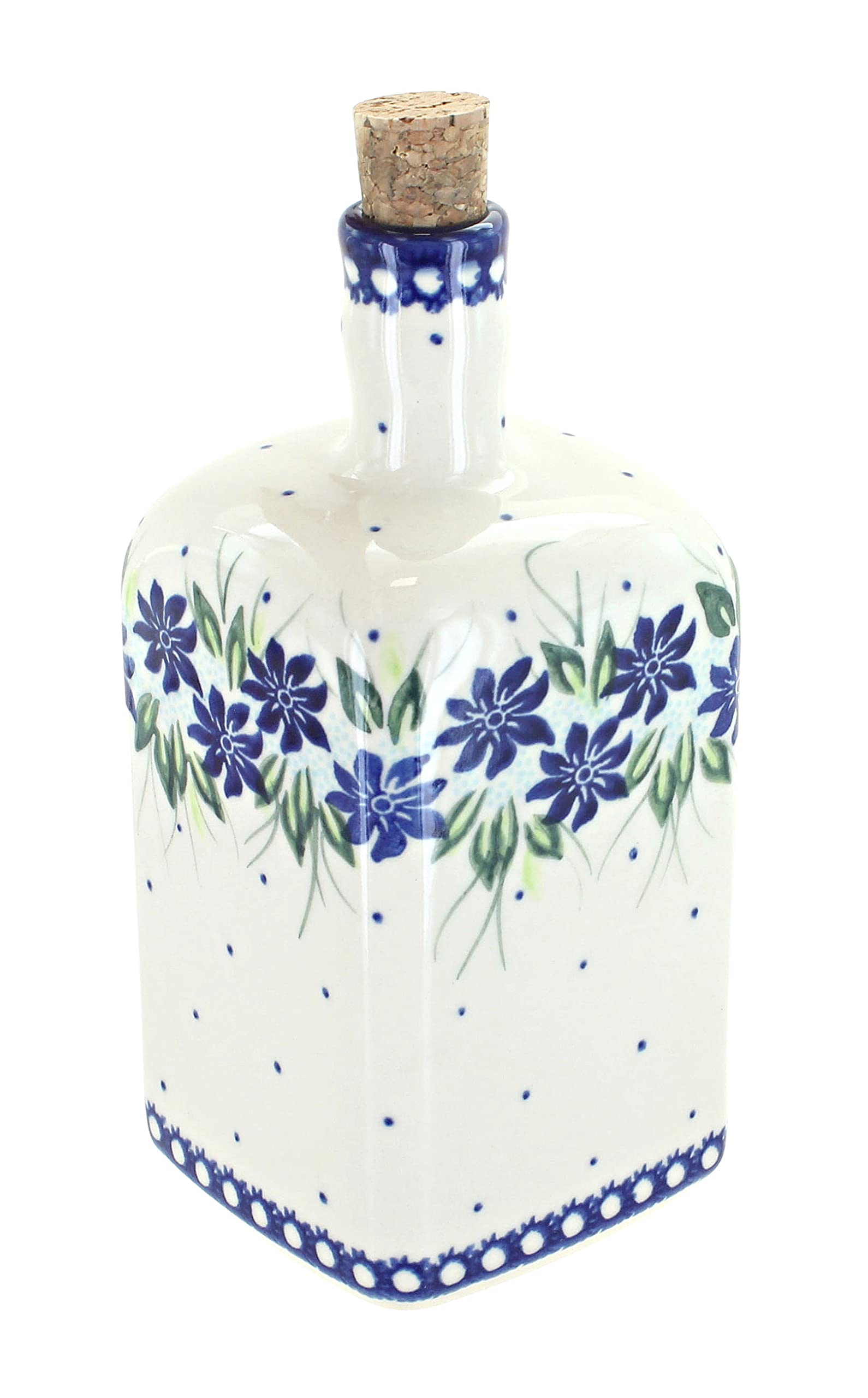 Handmade Blue Rose Polish Pottery Sierra Square Bottle with Cork Stopper - Perfect for Olive Oil, Vinegar & Kitchen Decor