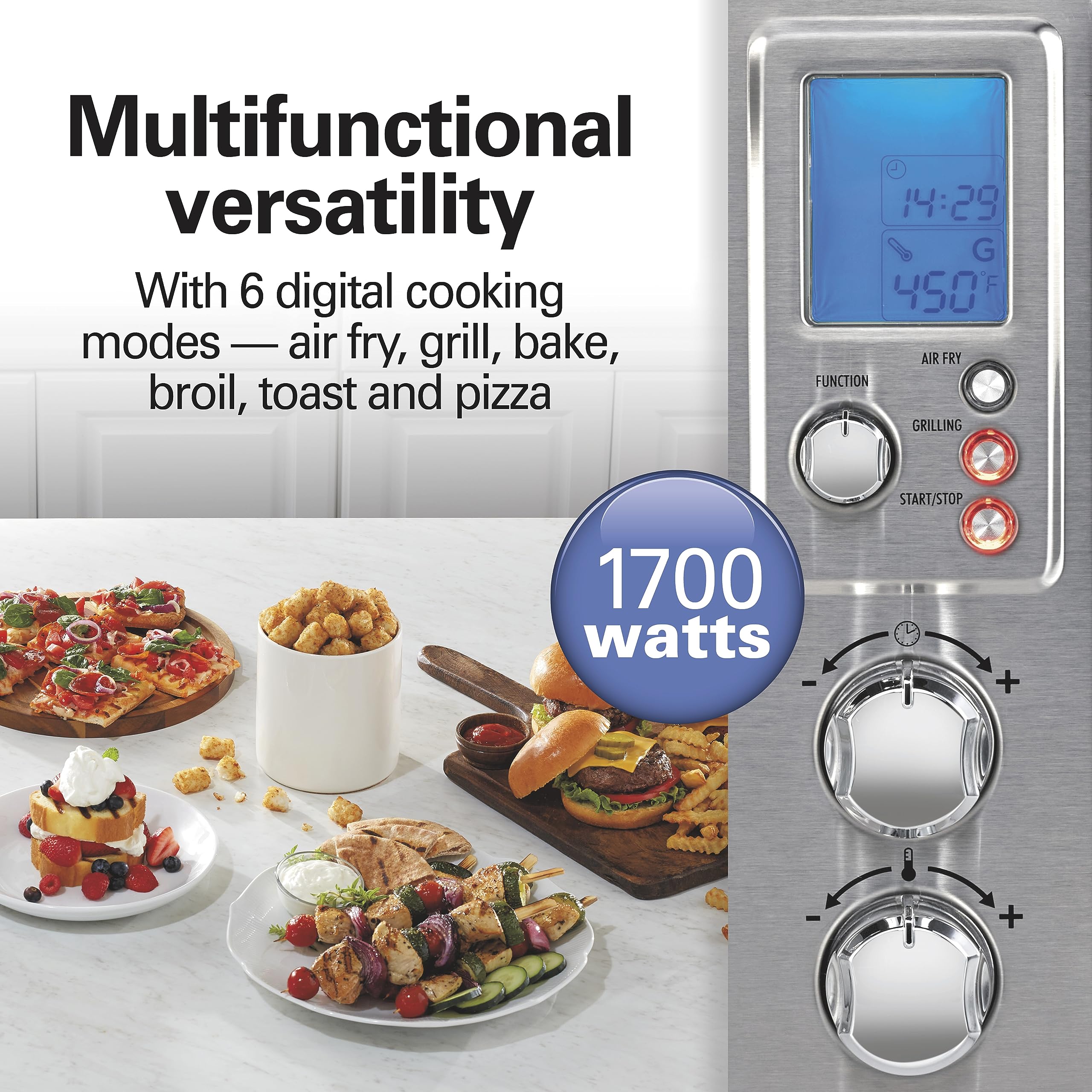 Hamilton Beach 6-in-1 Sure Crisp Air Fryer Toaster Oven Combo with Electric Indoor Grill - 450°F Searing Temperature for Baking, Broiling, Toasting & Pizza Making | 0.88 cu. ft Capacity, 6-Slice Toaster, Stainless Steel (Model 31395) | Perfect for Small Kitchens, Quick Meals & Healthy Cooking