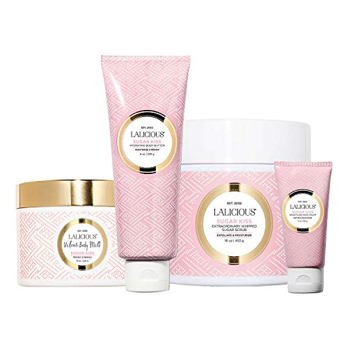 LaLicious Sugar Kiss 4-Piece Skincare Bundle - 16oz Sugar Scrub, 8oz Body Melt, 8oz Body Butter & 3oz Hand Cream - Luxurious Moisturizing Set for Soft, Smooth Skin | Perfect for Spa Days, Gift Giving & At-Home Self Care Routines