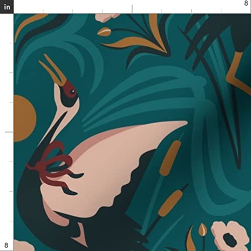 Sunset Crane Dance Pink Teal Birds Gold Poppies Upholstery Velvet Fabric by The Yard - Premium Printed Home Decor Fabric for Curtains, Pillows & Furniture - Spoonflower Fabric for DIY Sewing Projects