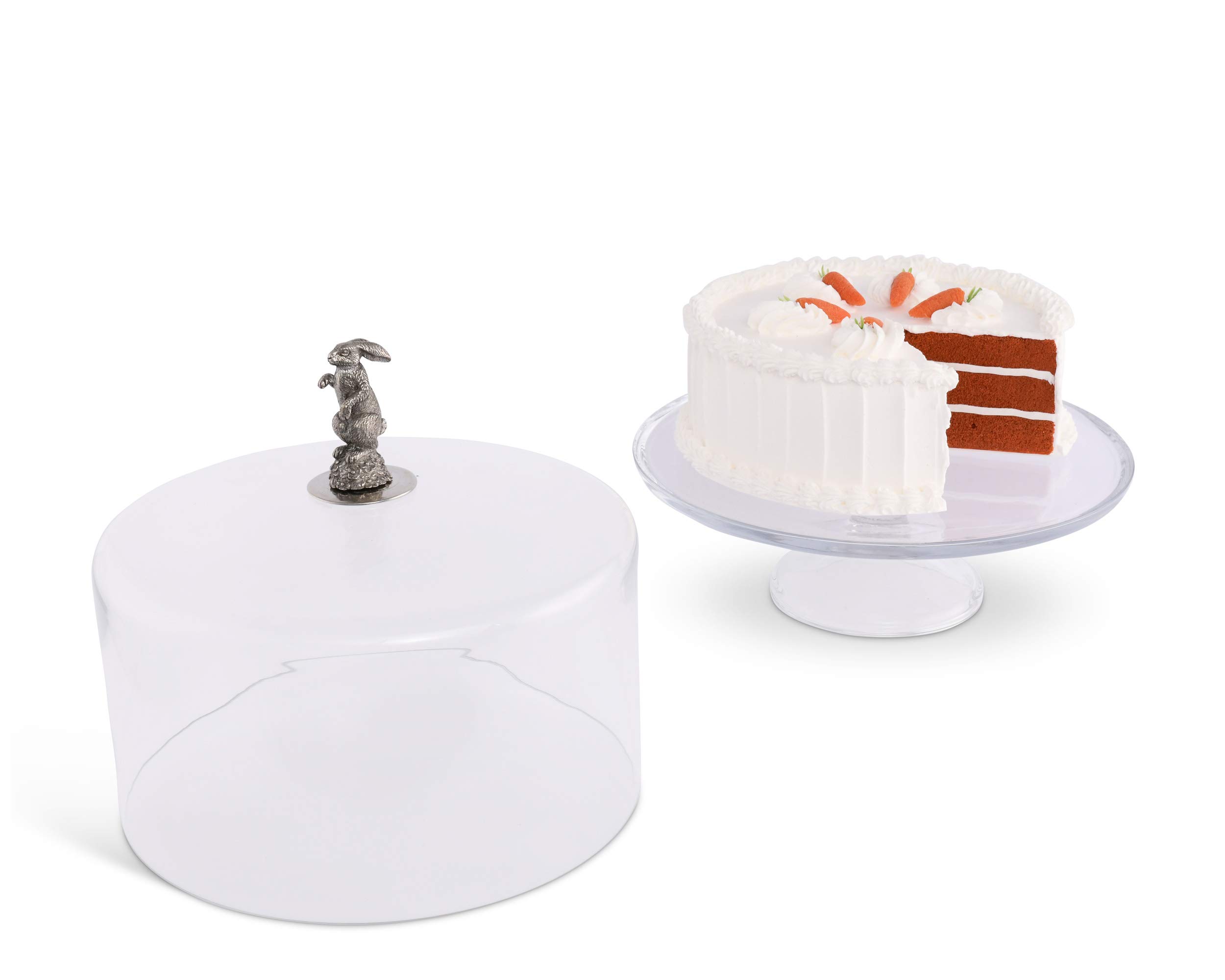 Handblown Glass Cake Stand with Dome Cover & Pewter Bunny Knob - 13 Inch Diameter, 4 Inch Tall - Elegant Dessert Display for Weddings, Tea Parties & Special Occasions