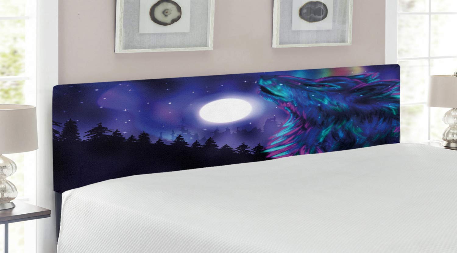 Ambesonne Moon Headboard - Northern Lights Aurora Borealis Wolf Spirit Forest Starry Night Design - Upholstered Decorative Metal Bed Frame with Memory Foam - King Size in Indigo Aqua Magenta - Perfect for Bedroom Decor & Cozy Cabin Retreats