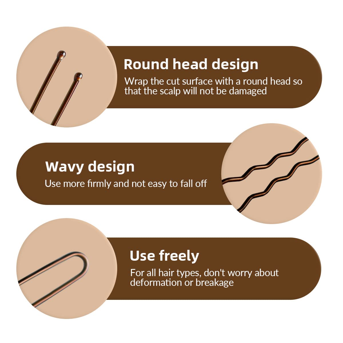 100 PCS U-Shaped Invisible Hair Grips - Heavy Duty Crinkled Hair Pins for Women, Ballet Bun & Updos - Secure Hold for Thick Hair (2.4 Inch, Brown) - Perfect for Dance Performances, Weddings & Everyday Styling