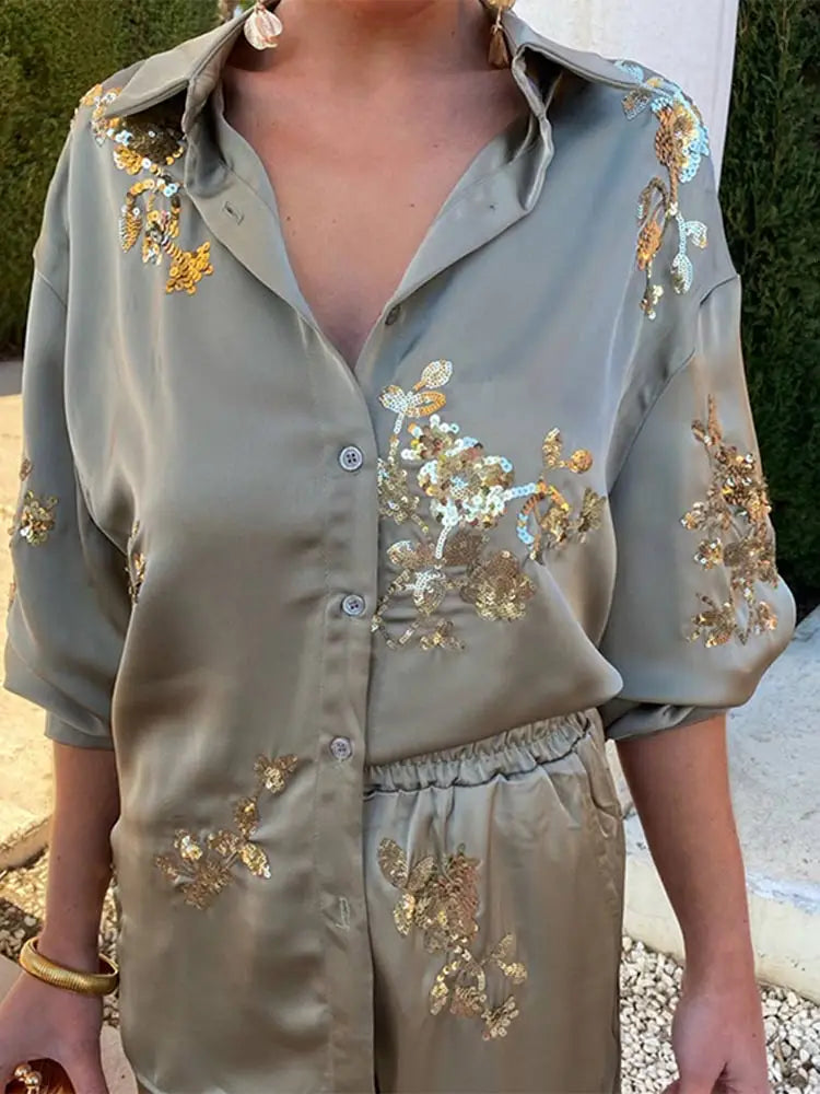 Women's 2-Piece Sequin Shirt & Wide Leg Pants Set - Fashion Print Loose Lapel Long Sleeve Top Elegant Outfit for Party, Dinner & Special Occasions