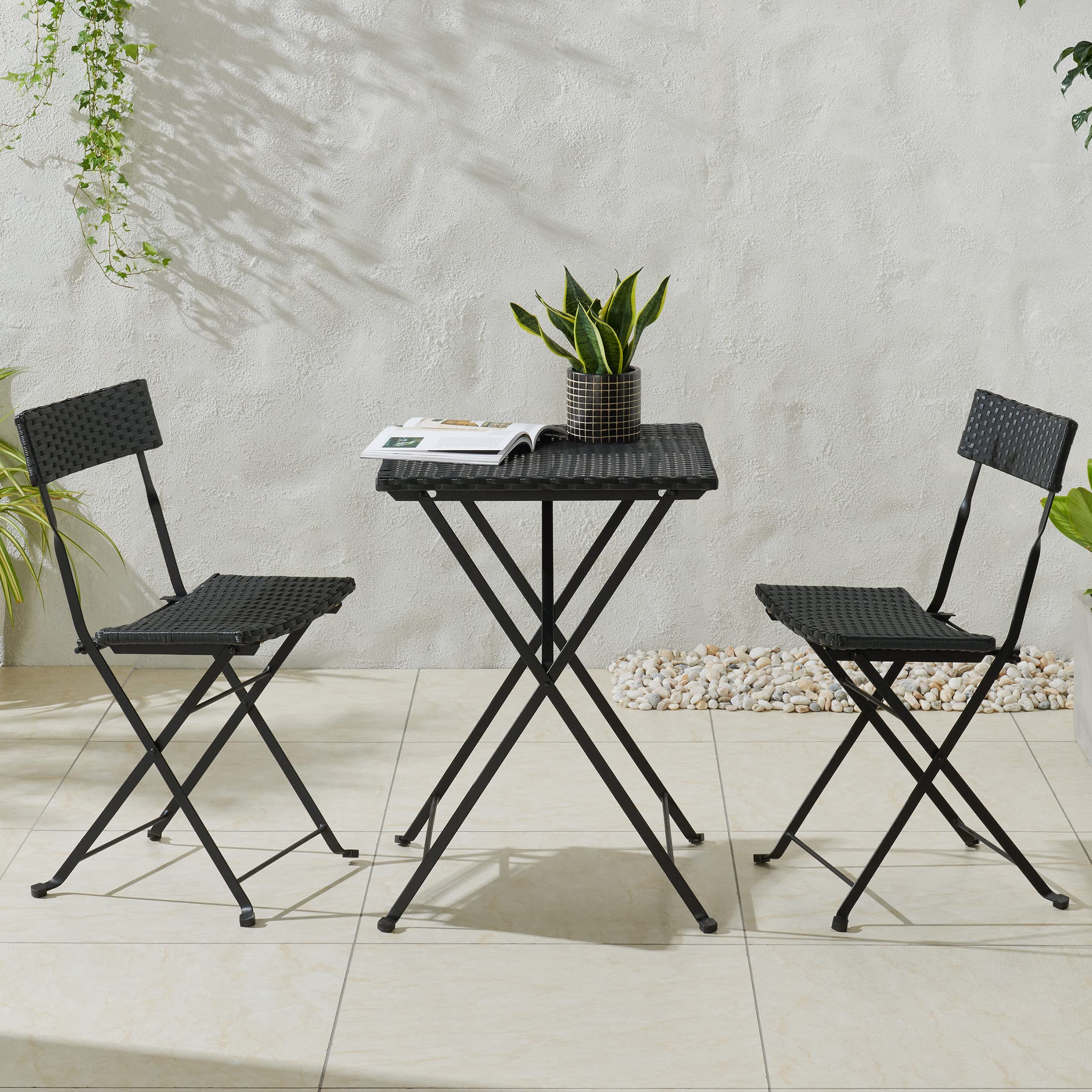 Lavish Home 3-Piece Folding Patio Bistro Set - Weather-Resistant Rattan & Steel Outdoor Café Table with Chairs for Porch, Deck, Garden, Balcony or Backyard (Black) | Perfect for Small Space Dining, Morning Coffee & Outdoor Entertaining