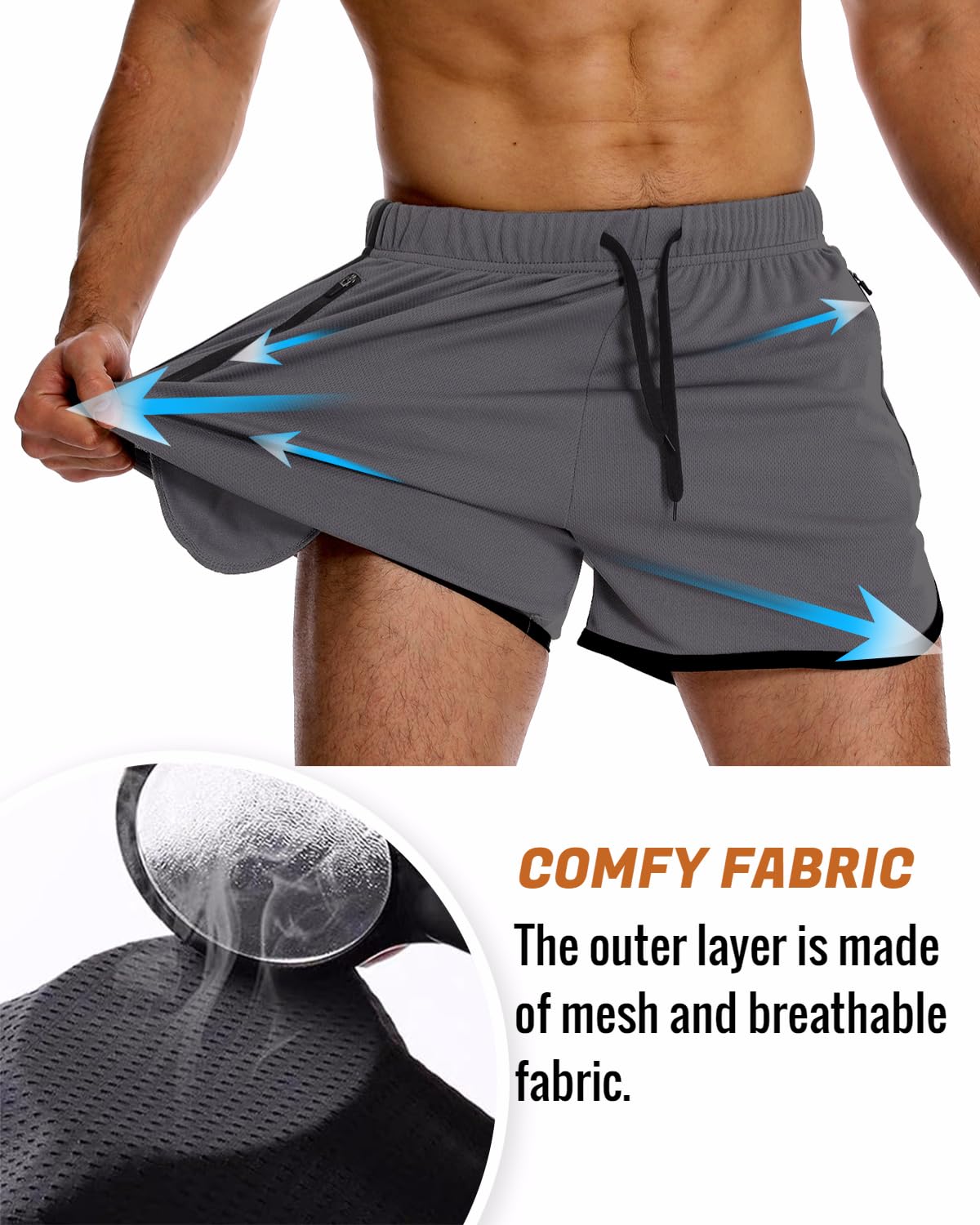 OEBLD Men's 3 Inch Running Shorts - Breathable Quick Dry Workout Athletic Shorts with Zipper Pockets for Gym, Jogging & Outdoor Sports