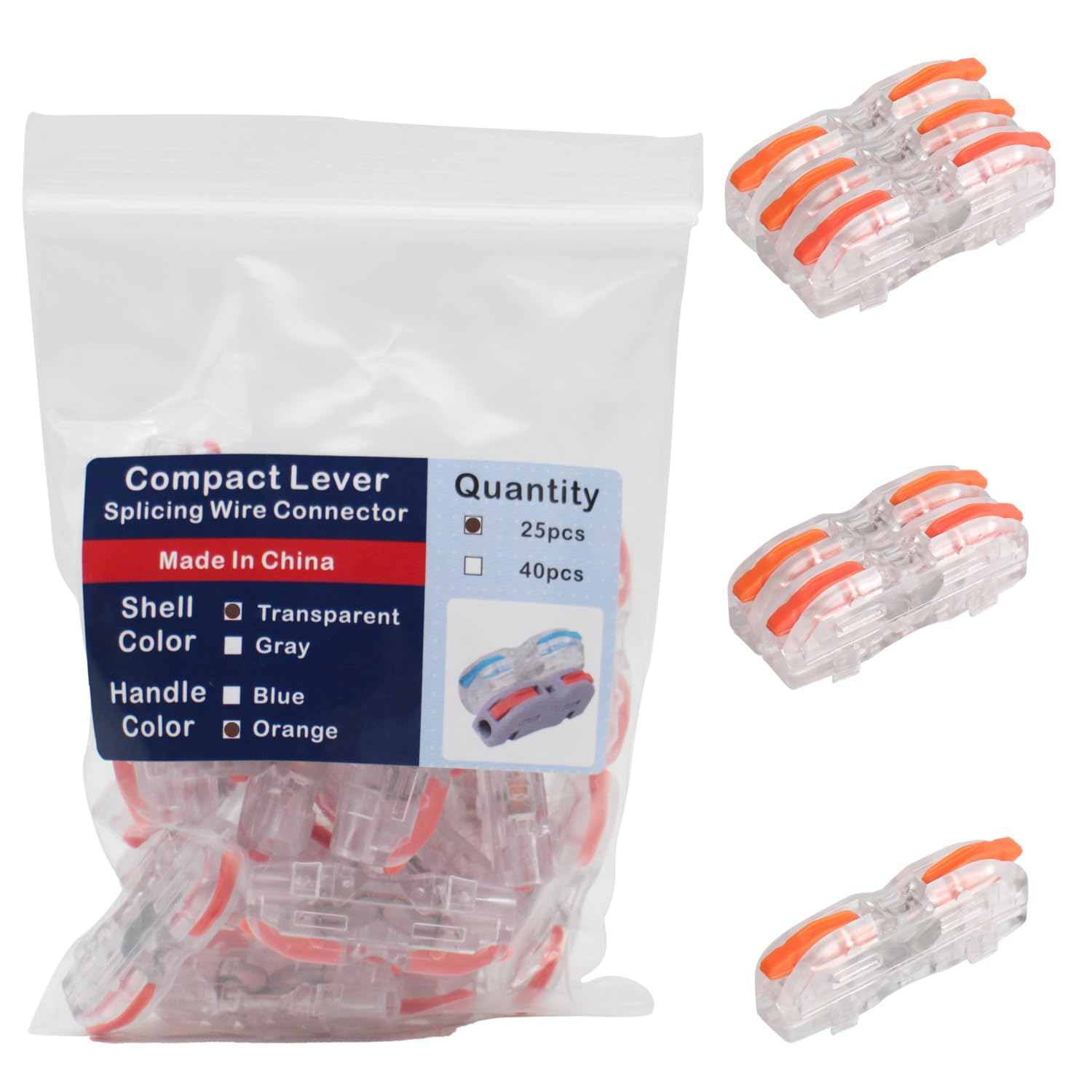 25-Pack DIY Transparent Orange Handle Lever Wire Connectors - 1 Conductor Quick Connect Terminals for Home Electrical Projects, Automotive Wiring & Appliance Repairs