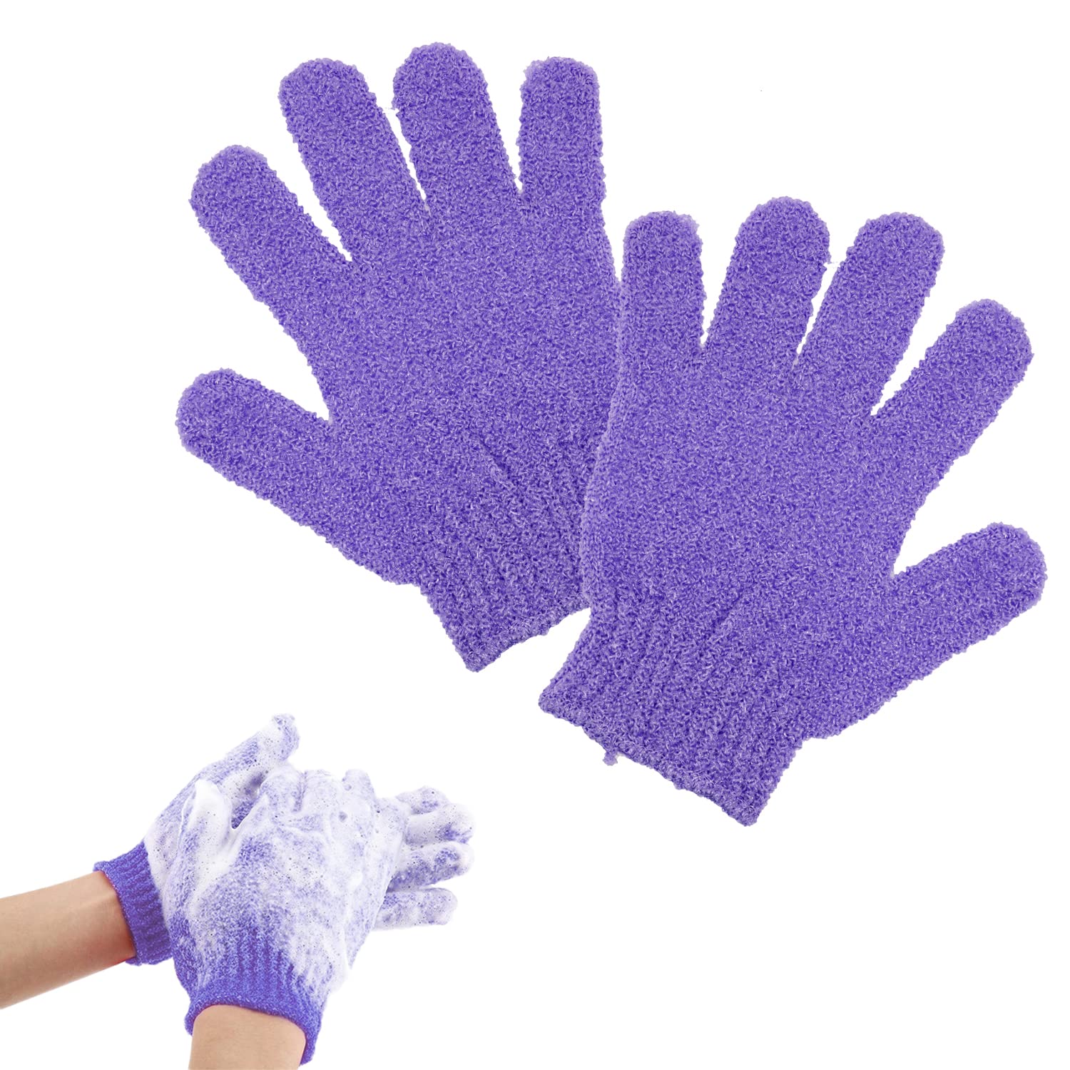 DBOO Exfoliating Gloves Pair - Body Scrub Mittens for Dead Skin Removal, Shower & Spa Use - Soft Bath Gloves for Smooth Skin (Purple) | Perfect for Home Spa, Massage & Dry Brushing Routine