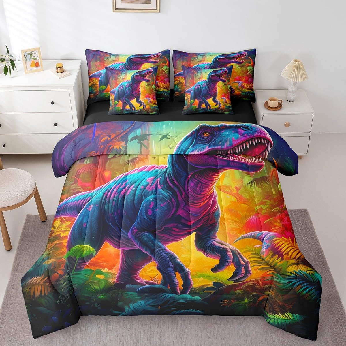 Erosebridal 7-Piece Dinosaur Bedding Set for Kids - Watercolor Dino Comforter Set with T-Rex & Rainbow Jungle Print, Soft Wild Animal Bed Sheets for Boys & Girls | Perfect for Nursery, Kids Room & Sleepovers