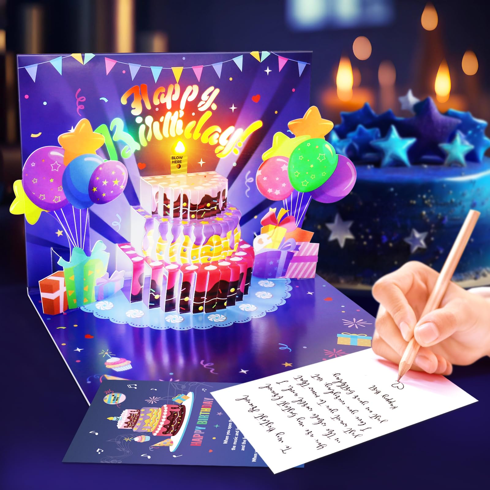 Musical Pop Up Birthday Cards with LED Light Candle - Plays Happy Birthday Song - Unique Greeting Cards for Women, Men, Husband, Wife & Kids - Perfect for Birthday Parties, Anniversaries & Special Celebrations