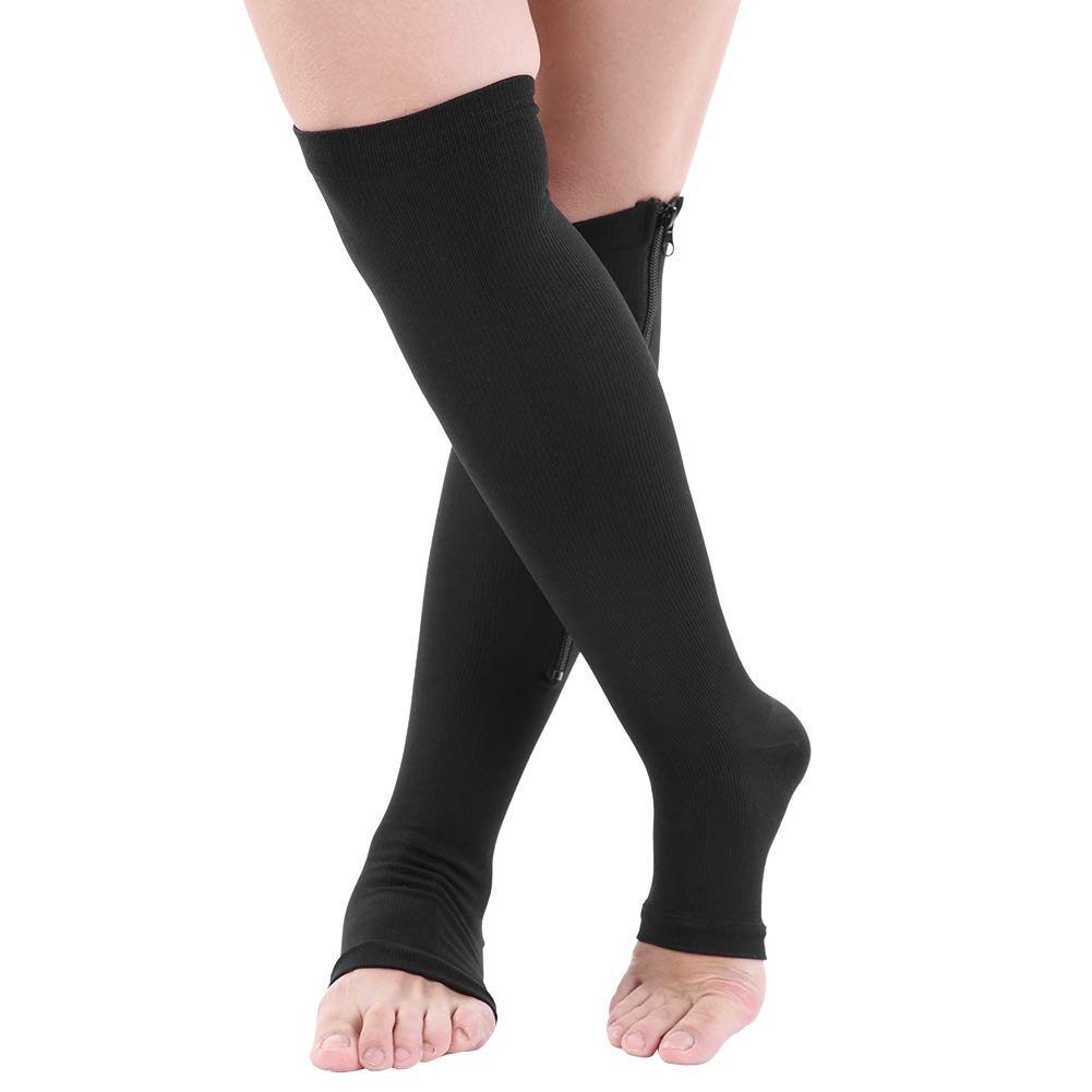 Open Toe Compression Socks with Zipper - Easy On/Off Elastic Support Stockings for Men & Women - Ideal for Travel, Sports, Work & Home Use - Perfect for Running, Nursing, Varicose Veins & Long Flights