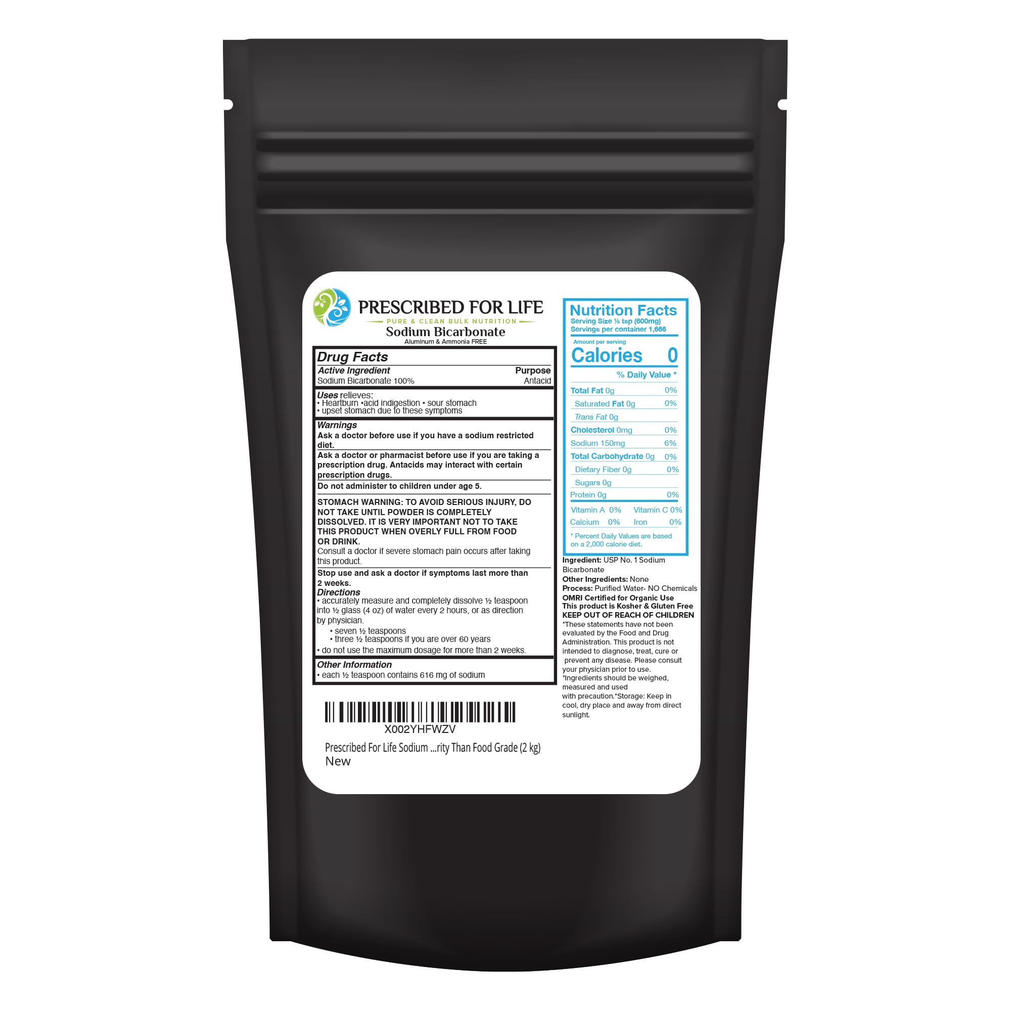 Organic Aluminum-Free Baking Soda Powder (2kg/4.4lb) - USP Grade Sodium Bicarbonate for Cooking, Cleaning & Natural Remedies - Prescribed For Life Brand