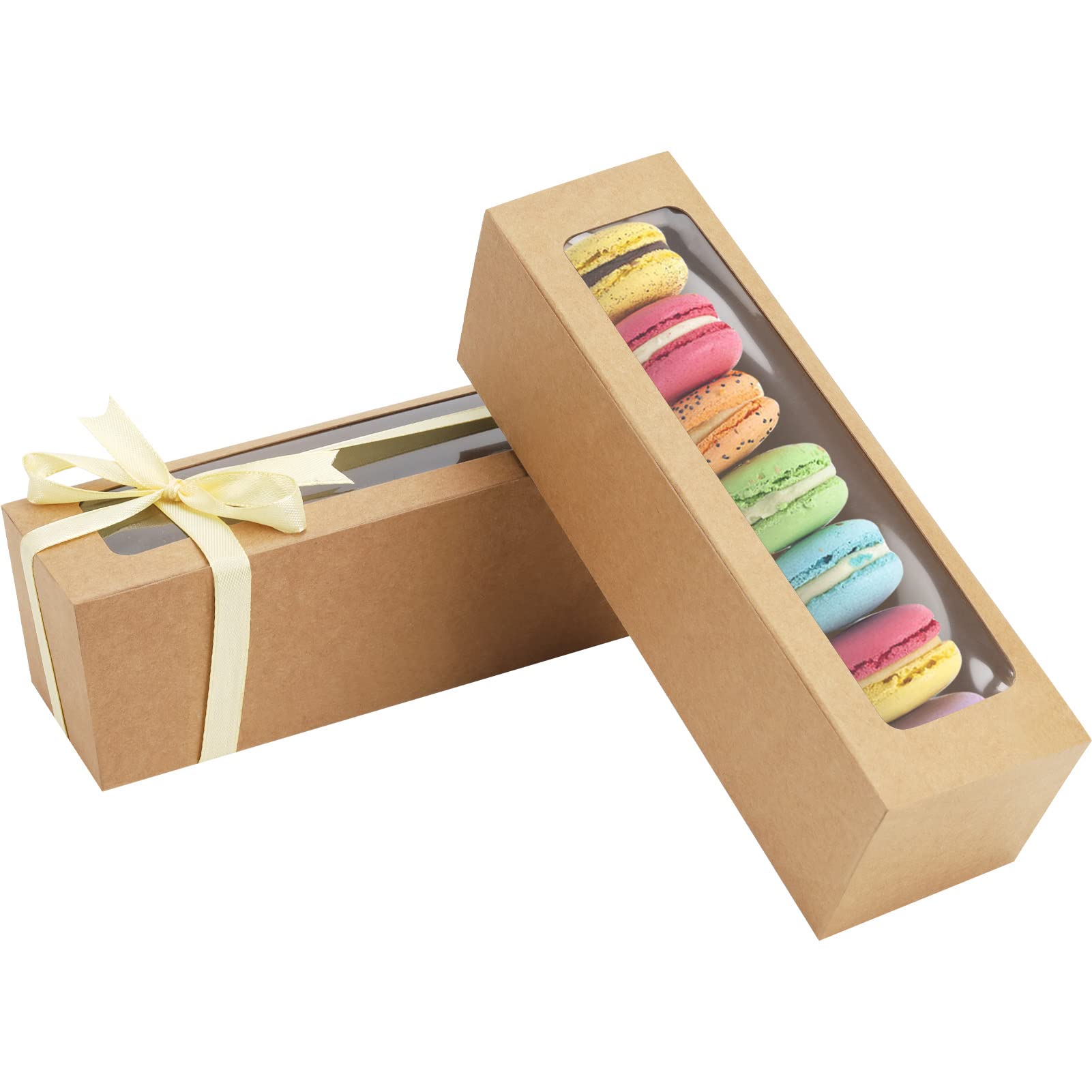 25 Pack Macaron Gift Boxes for 5-7 Macarons - Strawberry Themed Bakery Packaging with Ribbon | Perfect for Candy, Desserts, Sweet Gifts & Party Favors (Brown)