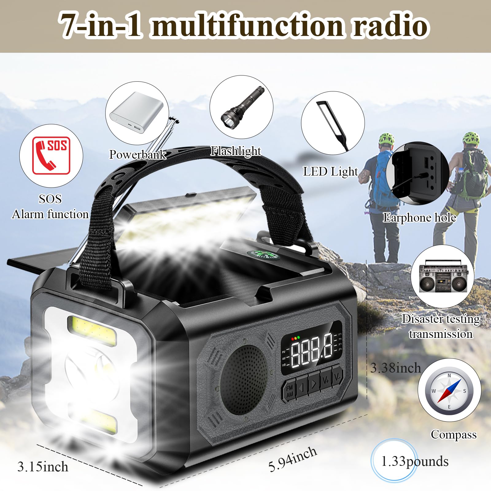 12000mAh Solar Powered Emergency Weather Radio with NOAA Alerts - AM/FM/NOAA Weather Band, SOS Alarm, Flashlight, Phone Charger & Compass - Perfect for Outdoor Camping, Hiking and Emergency Preparedness