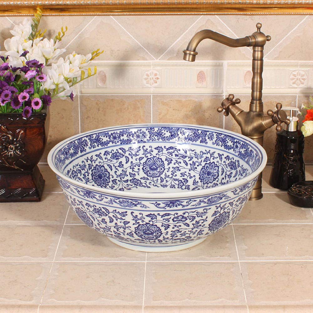 Premium SHAWLA Bathroom Vessel Sink - Handcrafted Jingdezhen Blue and White Porcelain Countertop Basin for Modern Vanities | Perfect for Powder Rooms, Guest Baths & Luxury Home Decor