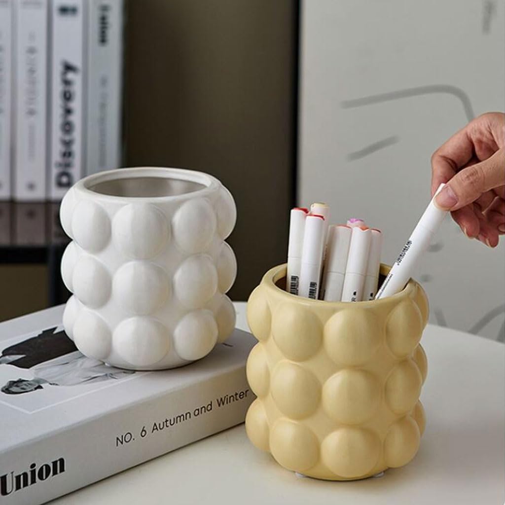 Stylish Ceramic Pen Holder & Makeup Brush Organizer - Multifunctional Desktop Storage Box for Office, School & Home Decor | Perfect for Desk Organization, Makeup Brush Storage & Stationery Display