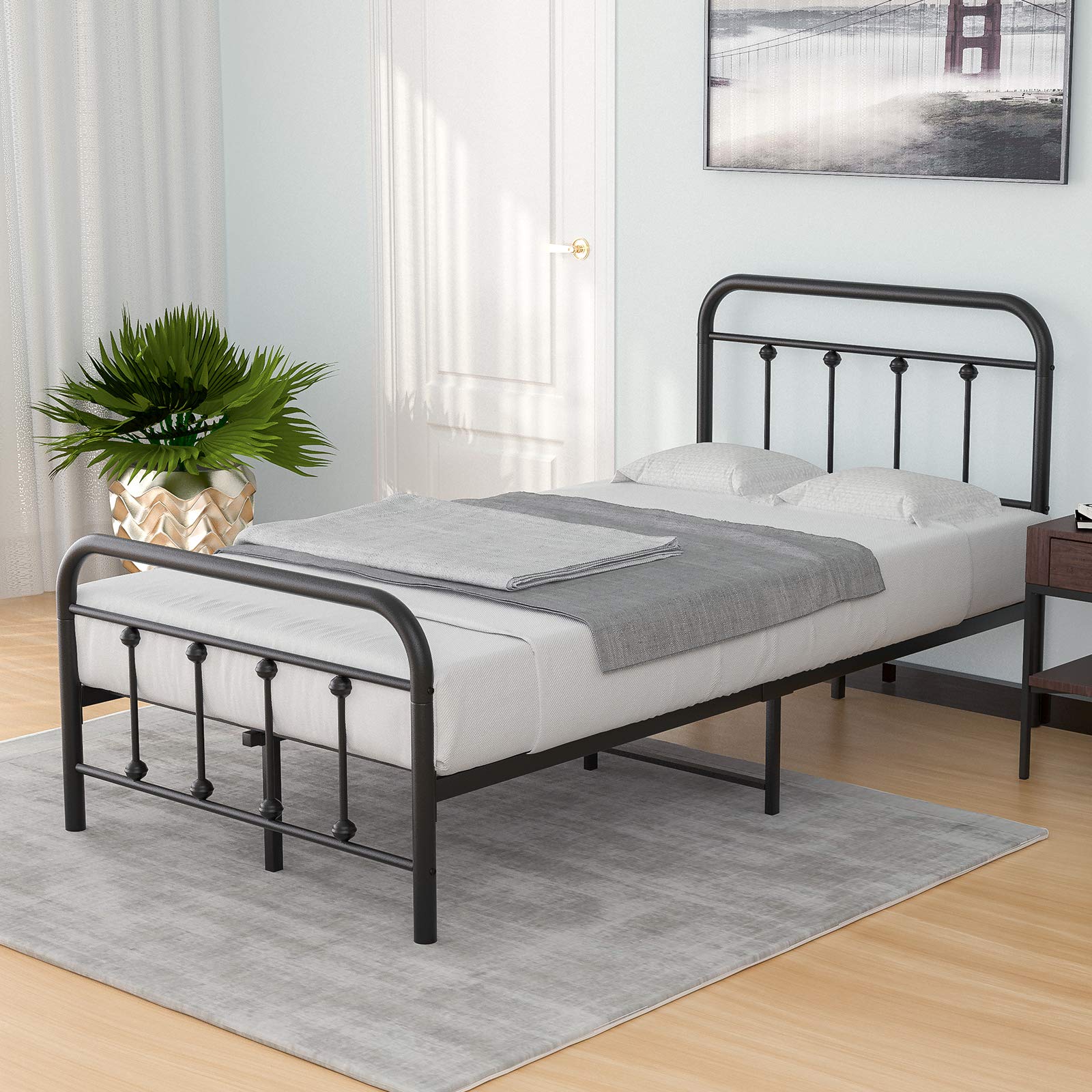 Mecor Twin Size Metal Platform Bed Frame with Vintage Headboard & Footboard - Sturdy Square Steel Frame, Easy Assembly - Twin Size Black Bed for Kids, Teens & Guest Rooms - Perfect for Small Spaces & Dorm Rooms