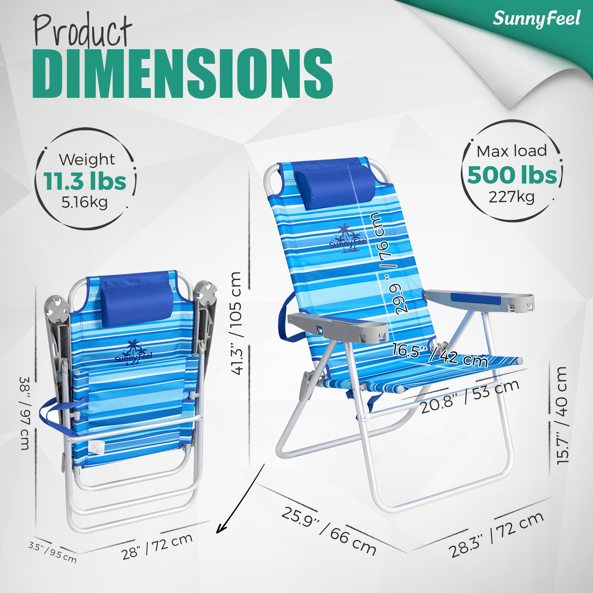 Sunnyfeel Heavy Duty 500lb Capacity Folding Beach Chair for Adults - Lightweight Portable Sand Chair with Cup Holders, Tall Foldable Camping Lawn Chair for Outdoor Activities, Beach, Picnic, Concert & Sports Events - Perfect for Summer Vacations, Backyard Relaxation and Tailgating Parties